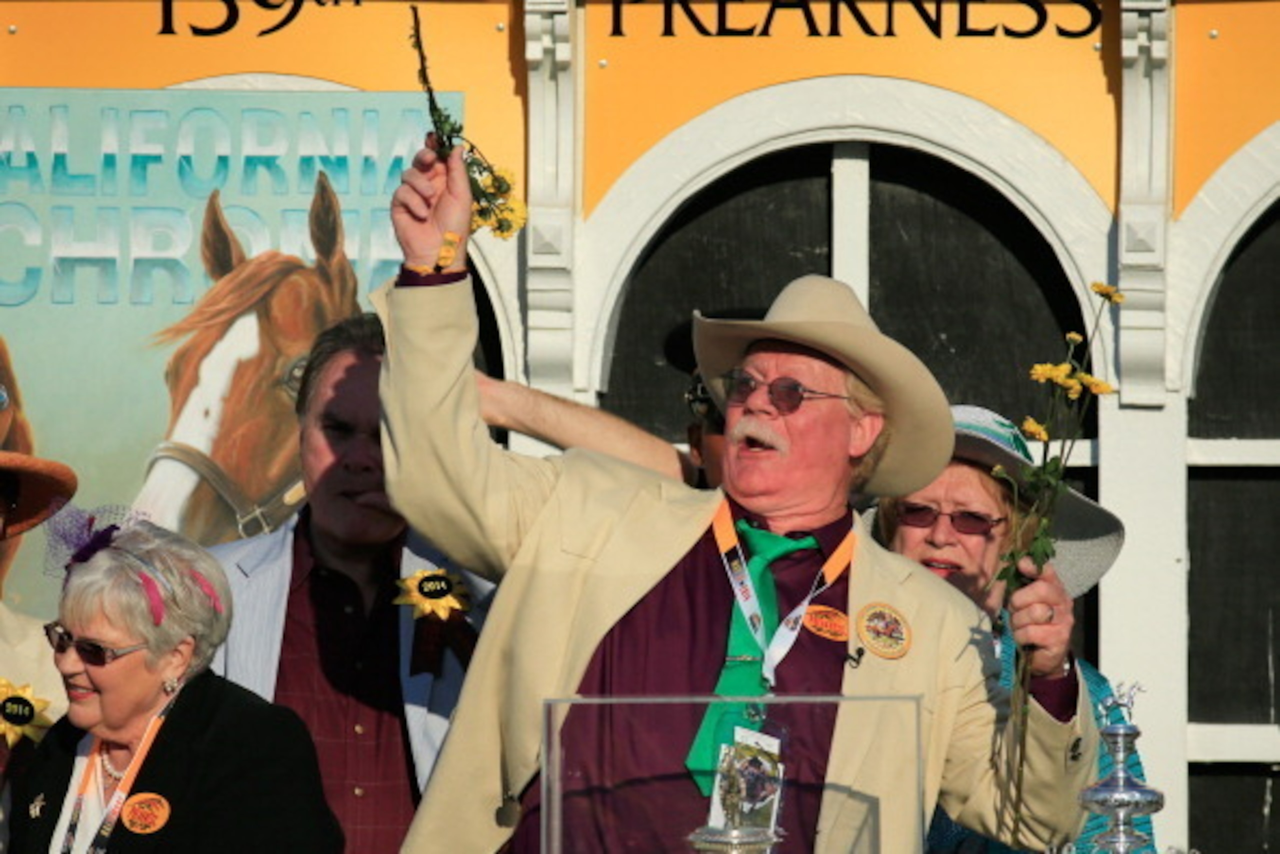 BALTIMORE, MD - MAY 17:  Owner of California Chrome Steve Coburn celebrates in the winner's circle after winning the 139th running of the Preakness Stakes at Pimlico Race Course on May 17, 2014 in Baltimore, Maryland.  (Photo by Patrick Smith/Getty Images