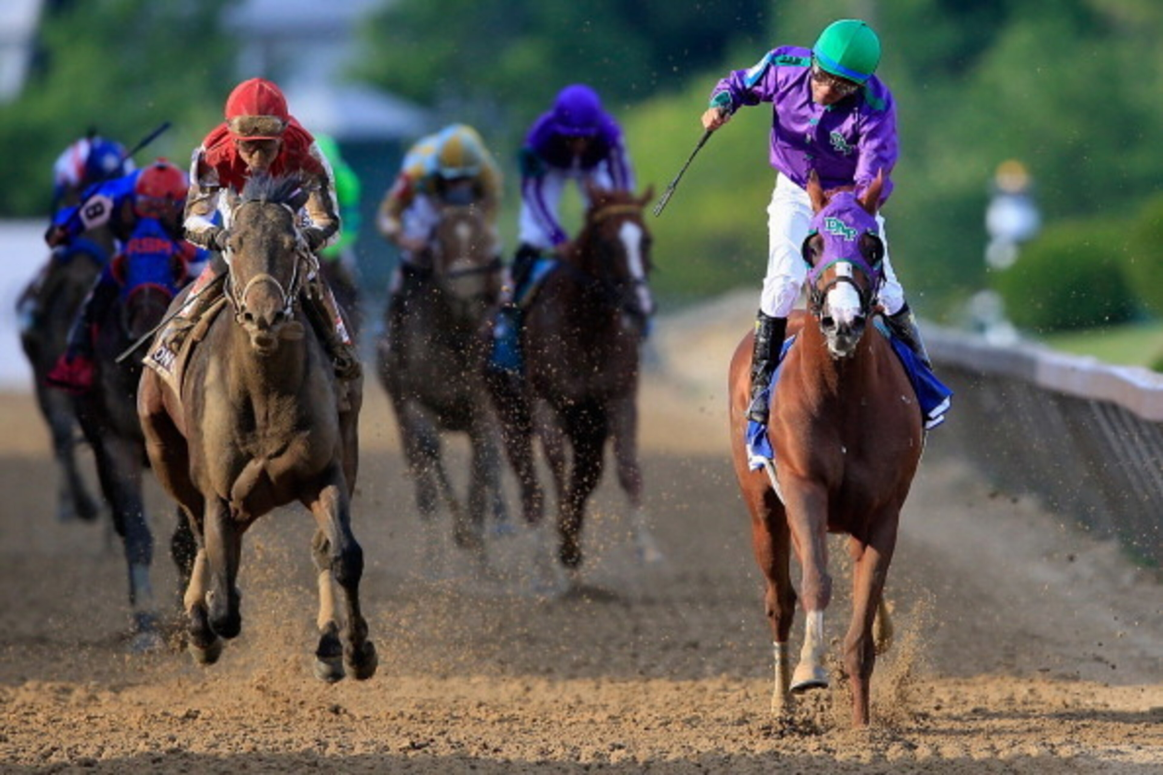 BALTIMORE, MD - MAY 17:  California Chrome #3, ridden by Victor Espinoza, crosses the finishline to win the 139th running of the Preakness Stakes at Pimlico Race Course on May 17, 2014 in Baltimore, Maryland.  (Photo by Rob Carr/Getty Images)