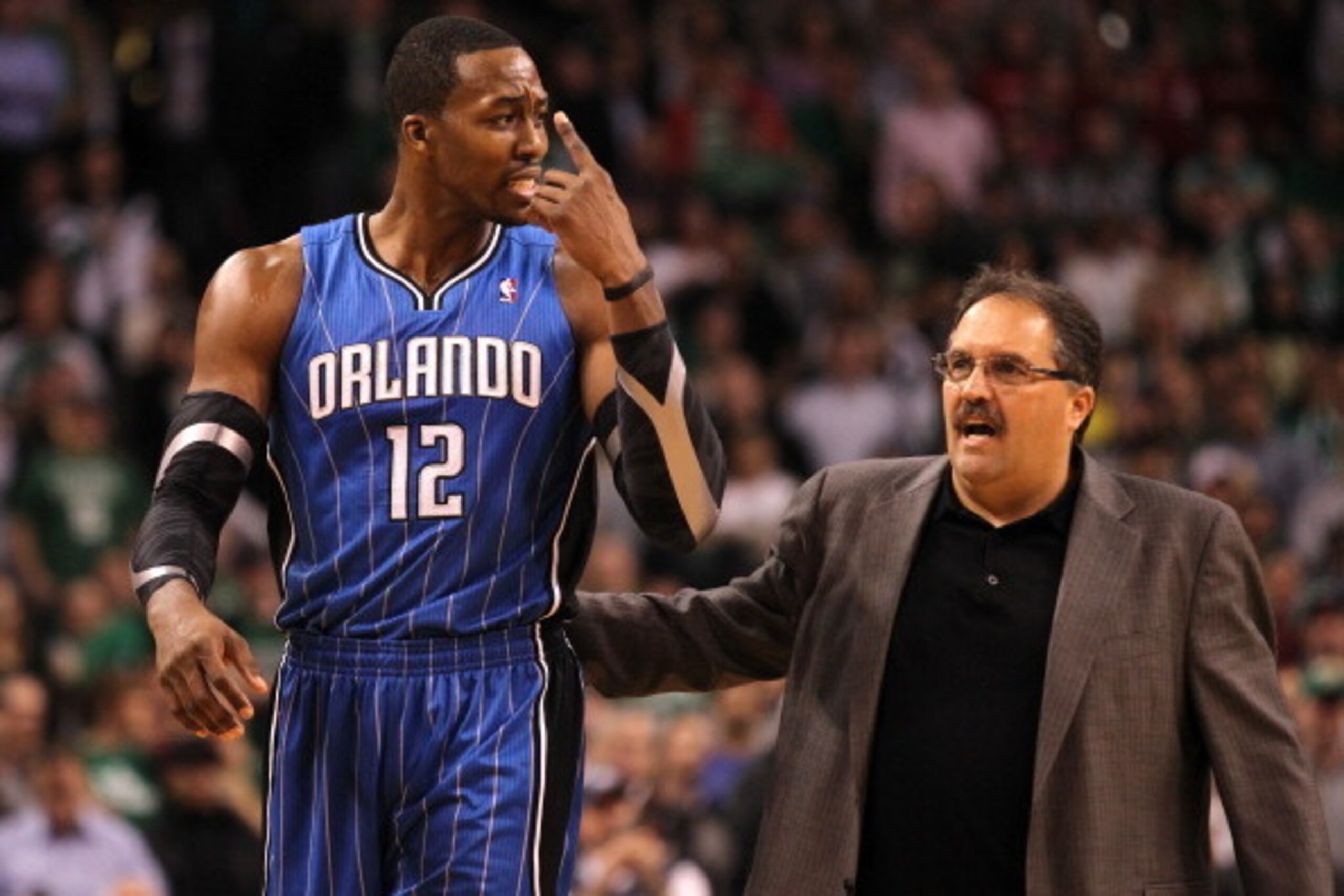BOSTON, MA - JANUARY 23: Head Coach Stan Van Gundy talks to Dwight Howard #12 of the Orlando Magic during the game against the Boston Celtics on January 23, 2012 at the TD Garden in Boston, Massachusetts. NOTE TO USER: User expressly acknowledges and agre