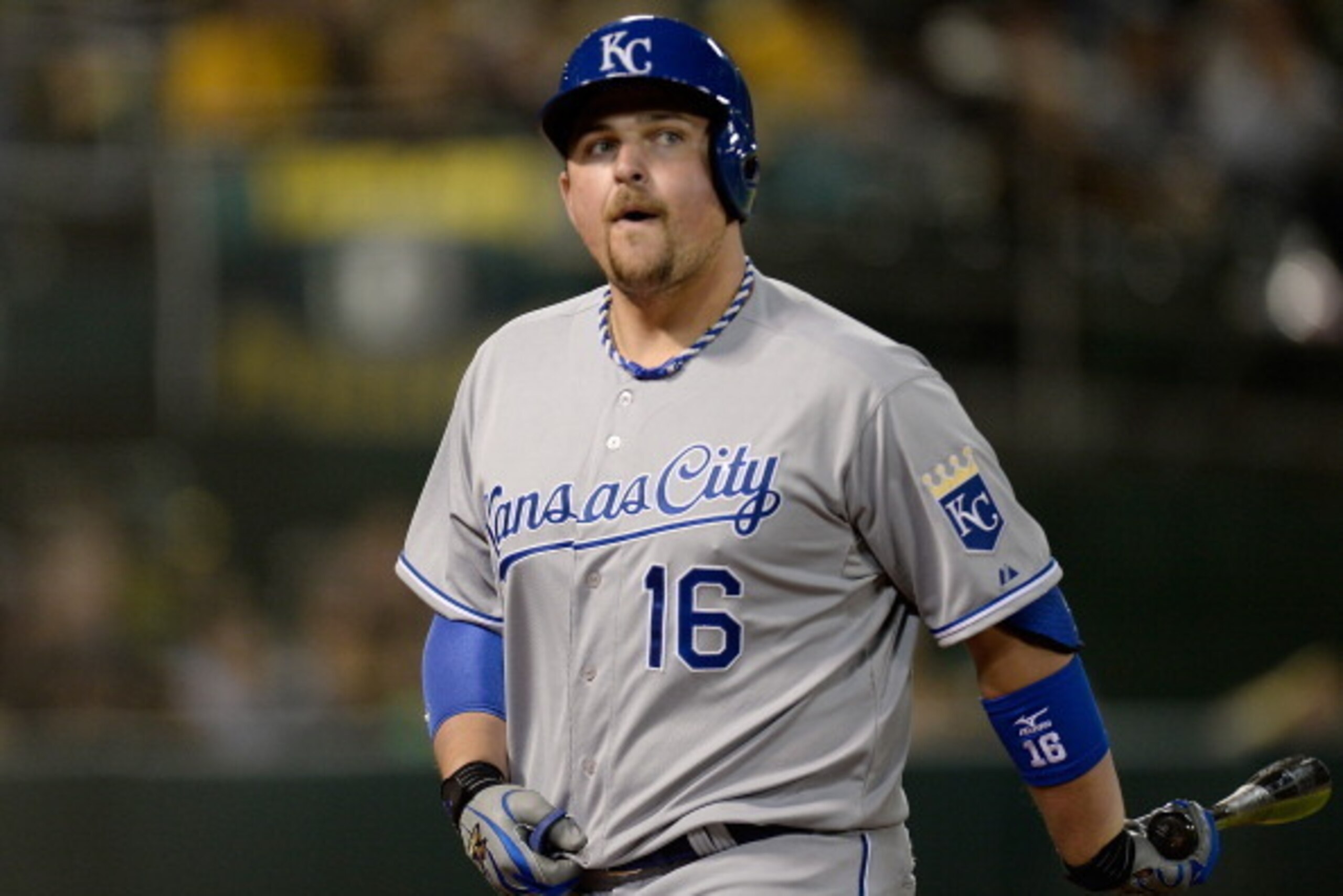 OAKLAND, CA - MAY 17: Billy Butler #16 of the Kansas City Royals reacts walking back to the dugout after striking out against the Oakland Athletics in the six inning at O.co Coliseum on May 17, 2013 in Oakland, California. (Photo by Thearon W. Henderson/G