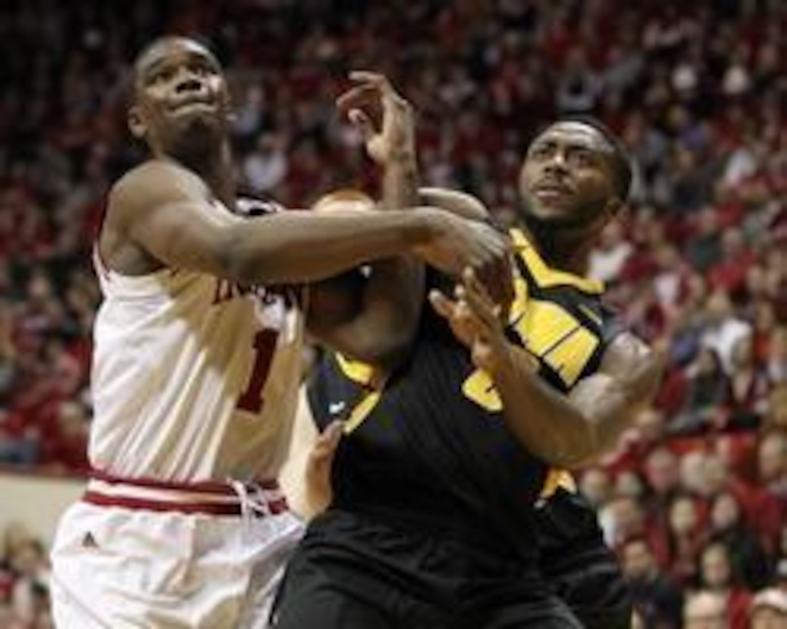 Feb 27, 2014; Bloomington, IN, USA;  Indiana Hoosiers forward Noah Vonleh (1) and Iowa Hawkeyes center Gabriel Olaseni (0) battle for position at Assembly Hall. Indiana won 93-86. Mandatory Credit: Pat Lovell-USA TODAY Sports