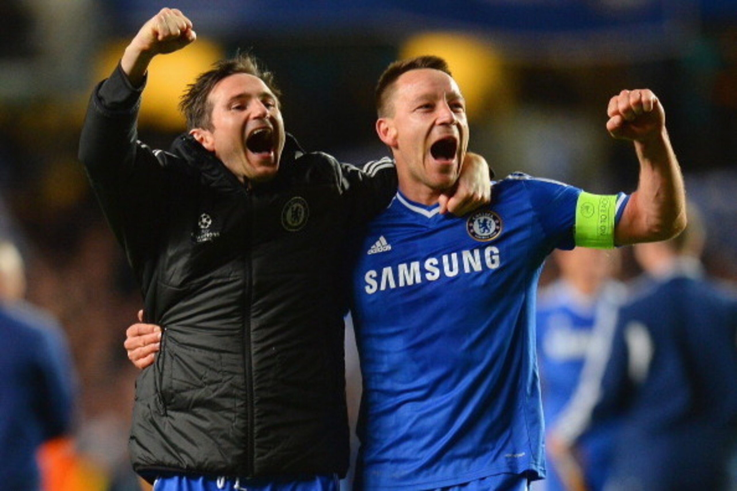 LONDON, ENGLAND - APRIL 08: Frank Lampard and John Terry of Chelsea celebrate victory during the UEFA Champions League Quarter Final second leg match between Chelsea and Paris Saint-Germain FC at Stamford Bridge on April 8, 2014 in London, England.  (Phot
