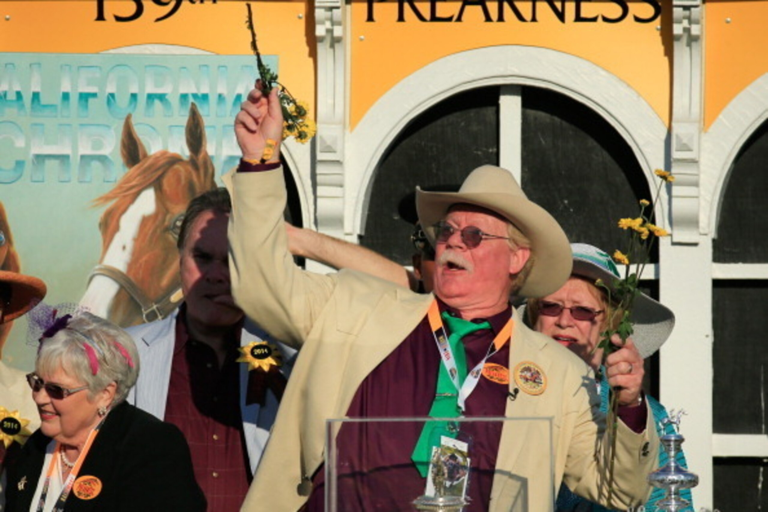 BALTIMORE, MD - MAY 17:  Owner of California Chrome Steve Coburn celebrates in the winner's circle after winning the 139th running of the Preakness Stakes at Pimlico Race Course on May 17, 2014 in Baltimore, Maryland.  (Photo by Patrick Smith/Getty Images