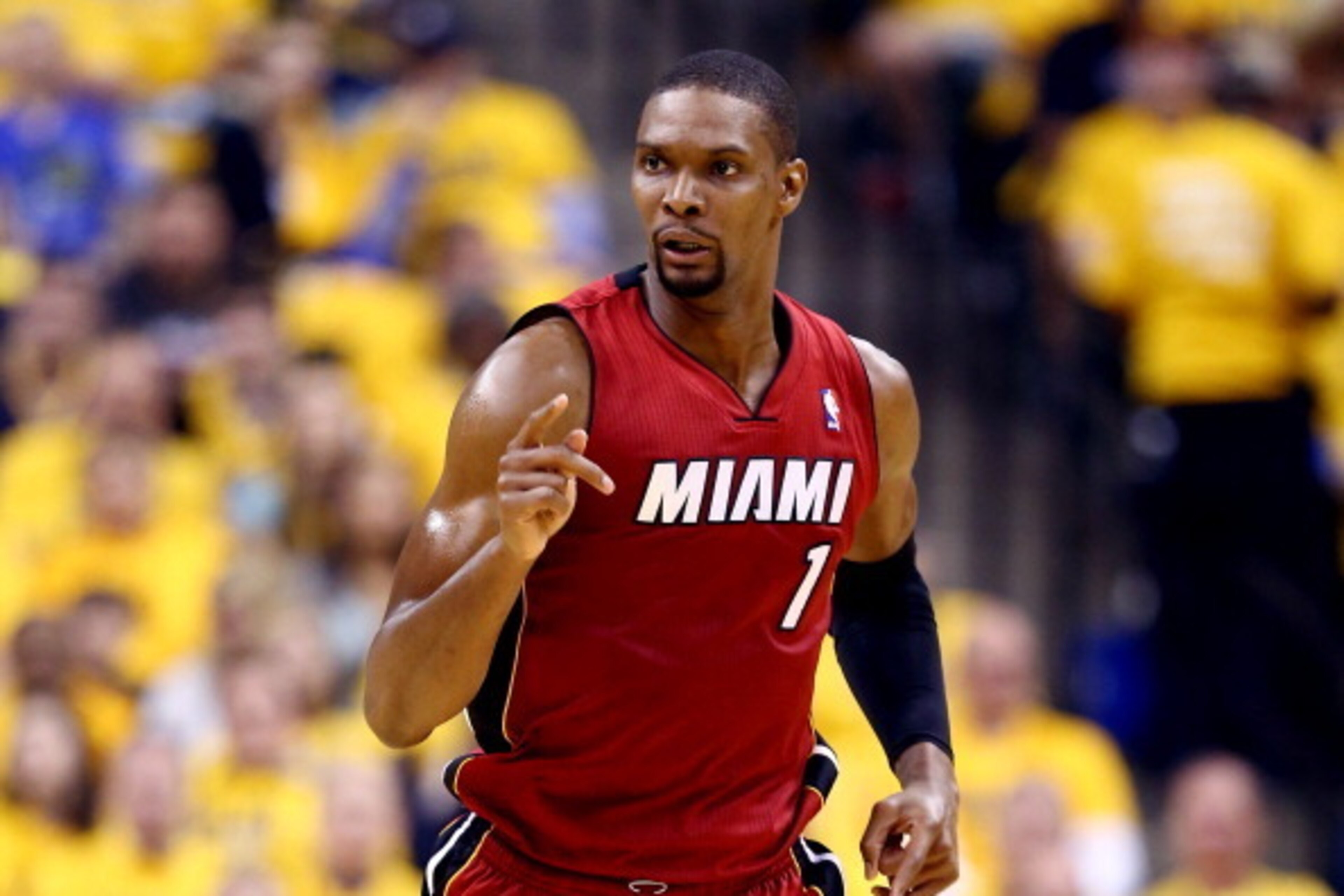 INDIANAPOLIS, IN - MAY 18: Chris Bosh #1 of the Miami Heat reacts against the Indiana Pacers during Game One of the Eastern Conference Finals of the 2014 NBA Playoffs at Bankers Life Fieldhouse on May 18, 2014 in Indianapolis, Indiana. NOTE TO USER: User 