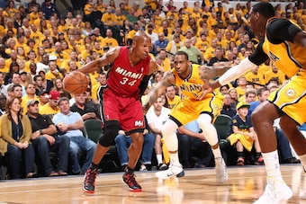 INDIANAPOLIS - MAY 18: Ray Allen #34 of the Miami Heat dribbles up the court against the Indiana Pacers in game one of the East Conference Finals at Bankers Life Fieldhouse on May 18, 2014 in Indianapolis, Indiana.  NOTE TO USER: User expressly acknowledg