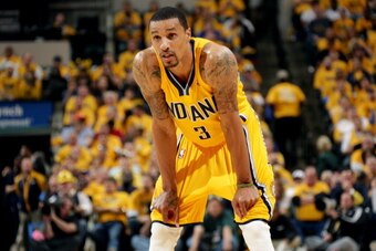 INDIANAPOLIS - MAY 18: George Hill #3 of the Indiana Pacers stands on the court during a game against the Miami Heat in game one of the East Conference Finals at Bankers Life Fieldhouse on May 18, 2014 in Indianapolis, Indiana.  NOTE TO USER: User express