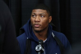 CHICAGO, IL - May 15:  NBA draft prospect Marcus Smart answers questions during a media circuit at the 2014 Draft Combine on May 15, 2014 at Quest Multisport in Chicago, Illinois. NOTE TO USER:  User expressly acknowledges and agrees that, by downloading 