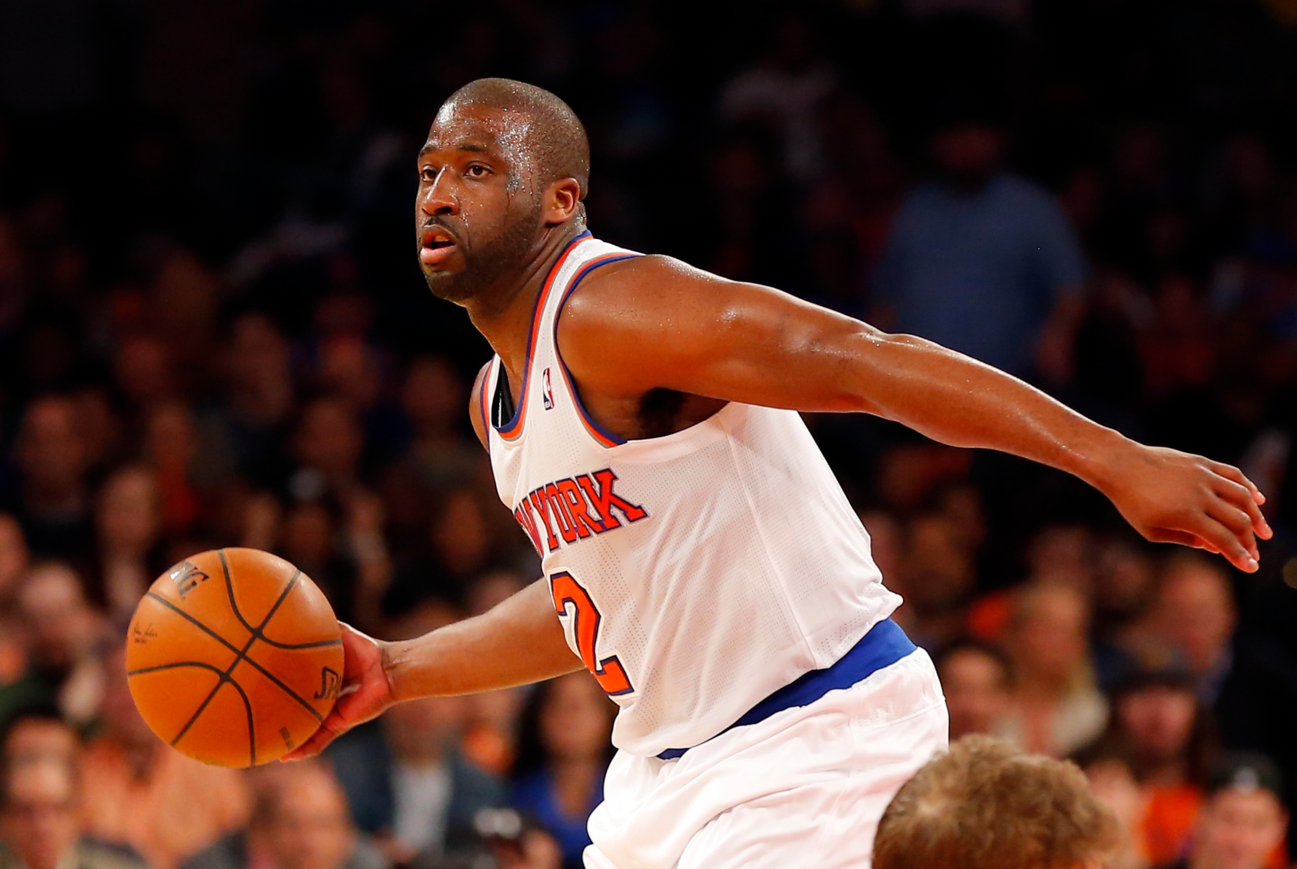Apr 13, 2014; New York, NY, USA;  New York Knicks guard Raymond Felton (2) brings the ball up court during the second half against the Chicago Bulls at Madison Square Garden. New York Knicks defeat the Chicago Bulls 100-89. Mandatory Credit: Jim O'Connor-