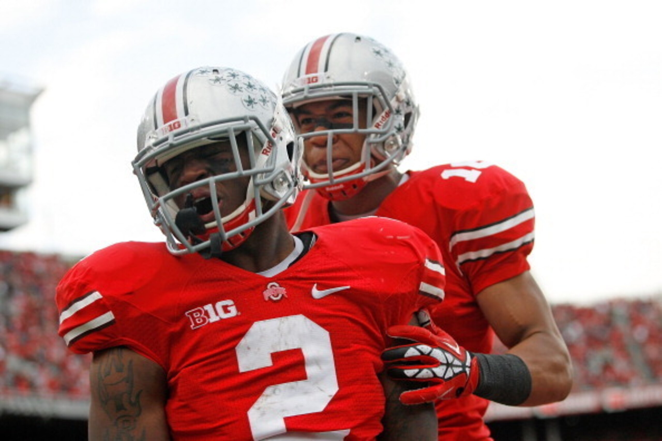 COLUMBUS, OH - NOVEMBER 03: Rod Smith #2 is congratulated Evan Spencer #16, both of the Ohio State Buckeyes, after scoring a touchdown against the Illinois Illini during the second quarter on November 3, 2012 at Ohio Stadium in Columbus, Ohio. (Photo by COLUMBUS, OH - NOVEMBER 03: Rod Smith #2 is congratulated Evan Spencer #16, both of the Ohio State Buckeyes, after scoring a touchdown against the Illinois Illini during the second quarter on November 3, 2012 at Ohio Stadium in Columbus, Ohio. (Photo by