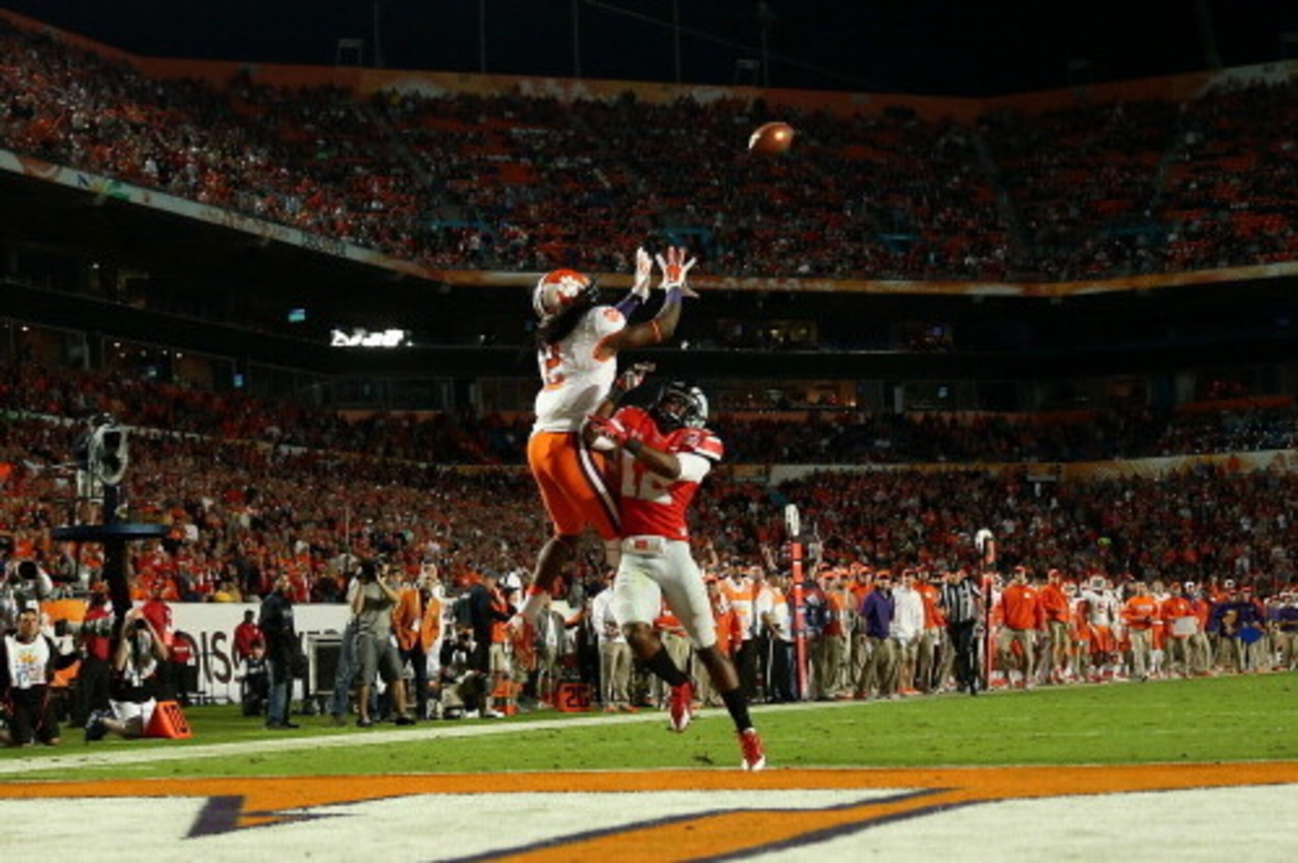 MIAMI GARDENS, FL - JANUARY 03: Sammy Watkins #2 of the Clemson Tigers catches a touchdown in the third quarter against Doran Grant #12 of the Ohio State Buckeyes during the Discover Orange Bowl at Sun Life Stadium on January 3, 2014 in Miami Gardens, Fl MIAMI GARDENS, FL - JANUARY 03: Sammy Watkins #2 of the Clemson Tigers catches a touchdown in the third quarter against Doran Grant #12 of the Ohio State Buckeyes during the Discover Orange Bowl at Sun Life Stadium on January 3, 2014 in Miami Gardens, Fl