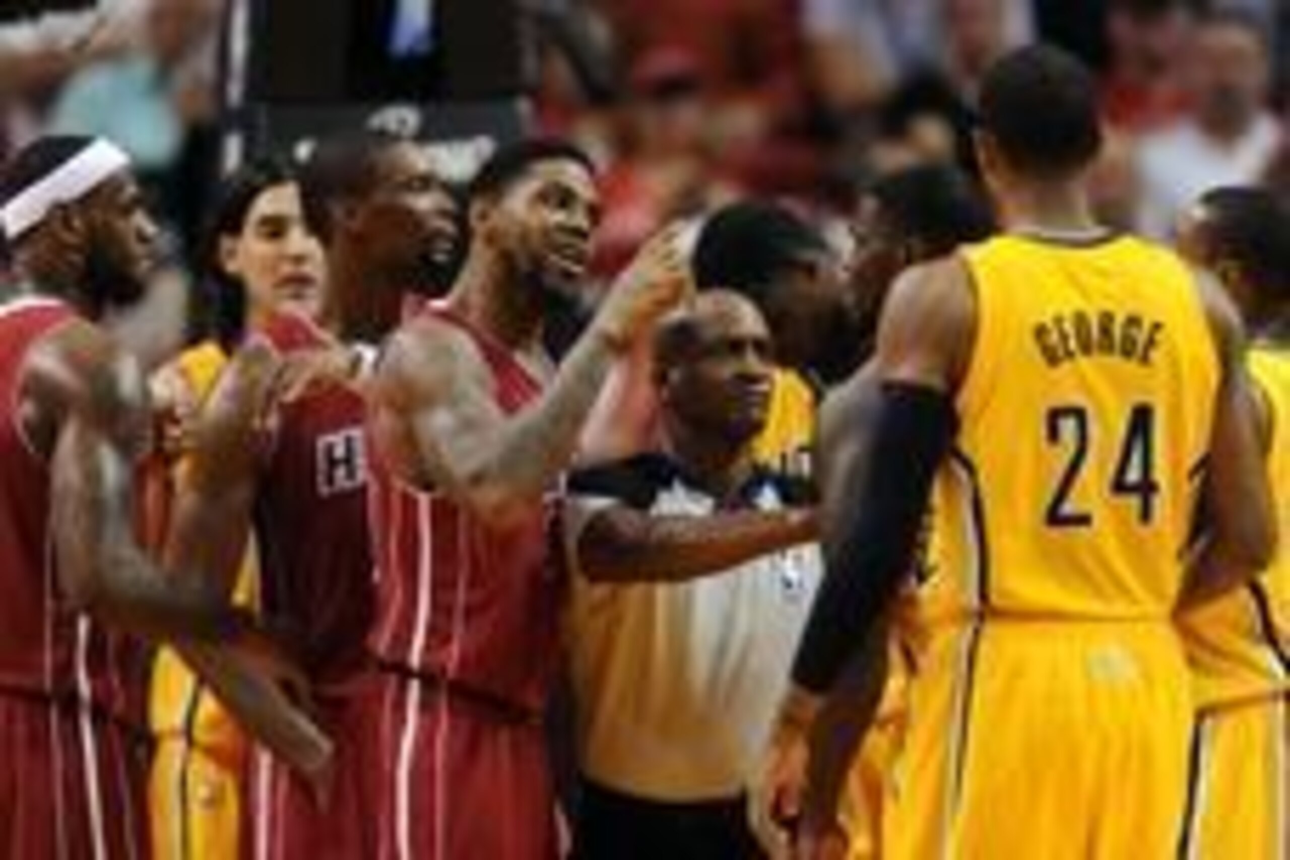 Dec 18, 2013; Miami, FL, USA; Miami Heat power forward Udonis Haslem (40) points at Indiana Pacers shooting guard Lance Stephenson (not pictured) during the first half at American Airlines Arena. Mandatory Credit: Steve Mitchell-USA TODAY Sports