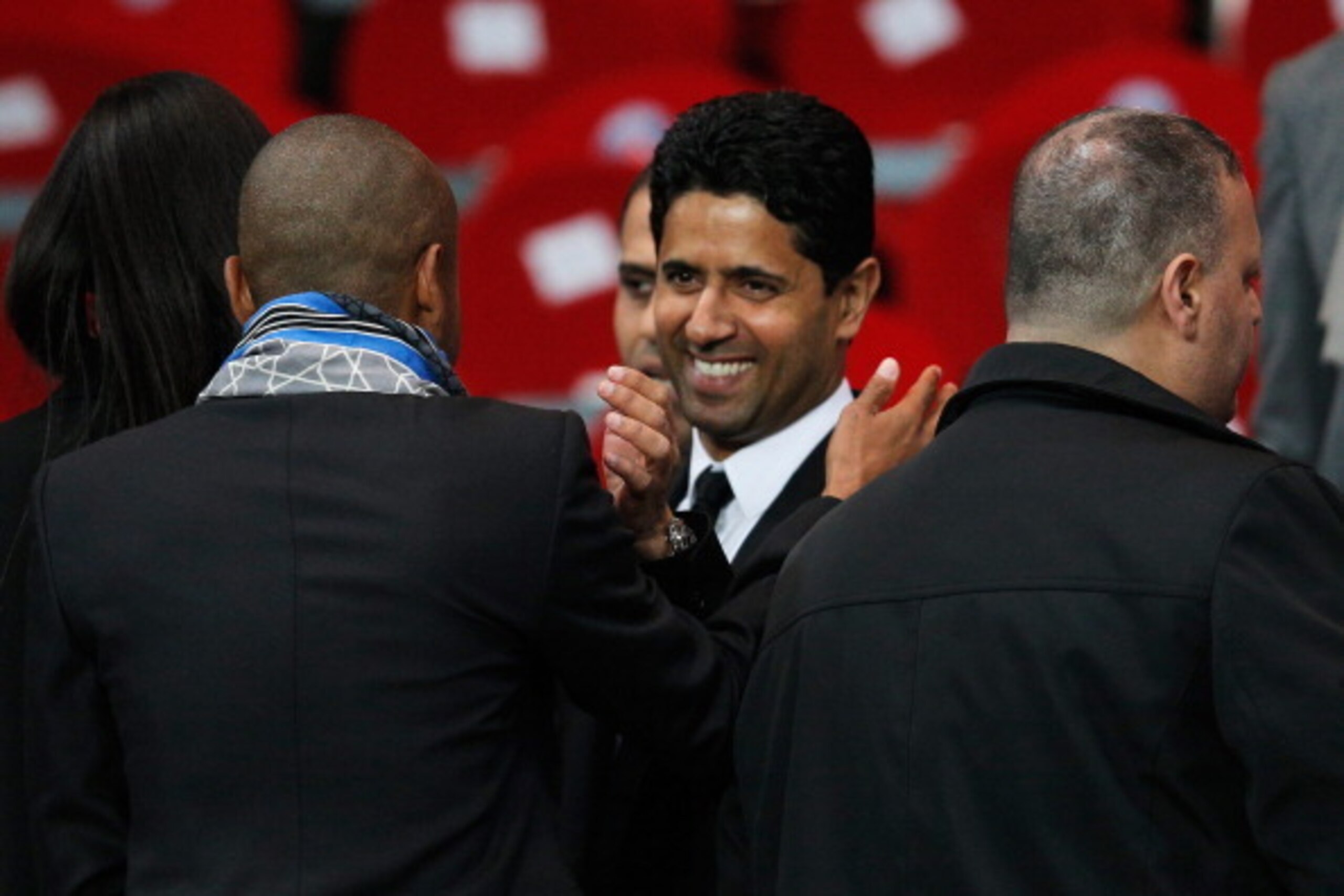 PARIS, FRANCE - MAY 07:  PSG owner Nasser Al-Khelaifi celebrates after the Ligue 1 match between Paris Saint-Germain FC and Stade Rennais FC at Parc des Princes on May 7, 2014 in Paris, France.  PSG lost the match 1-2 but still won the 2014 Ligue 1 Champi