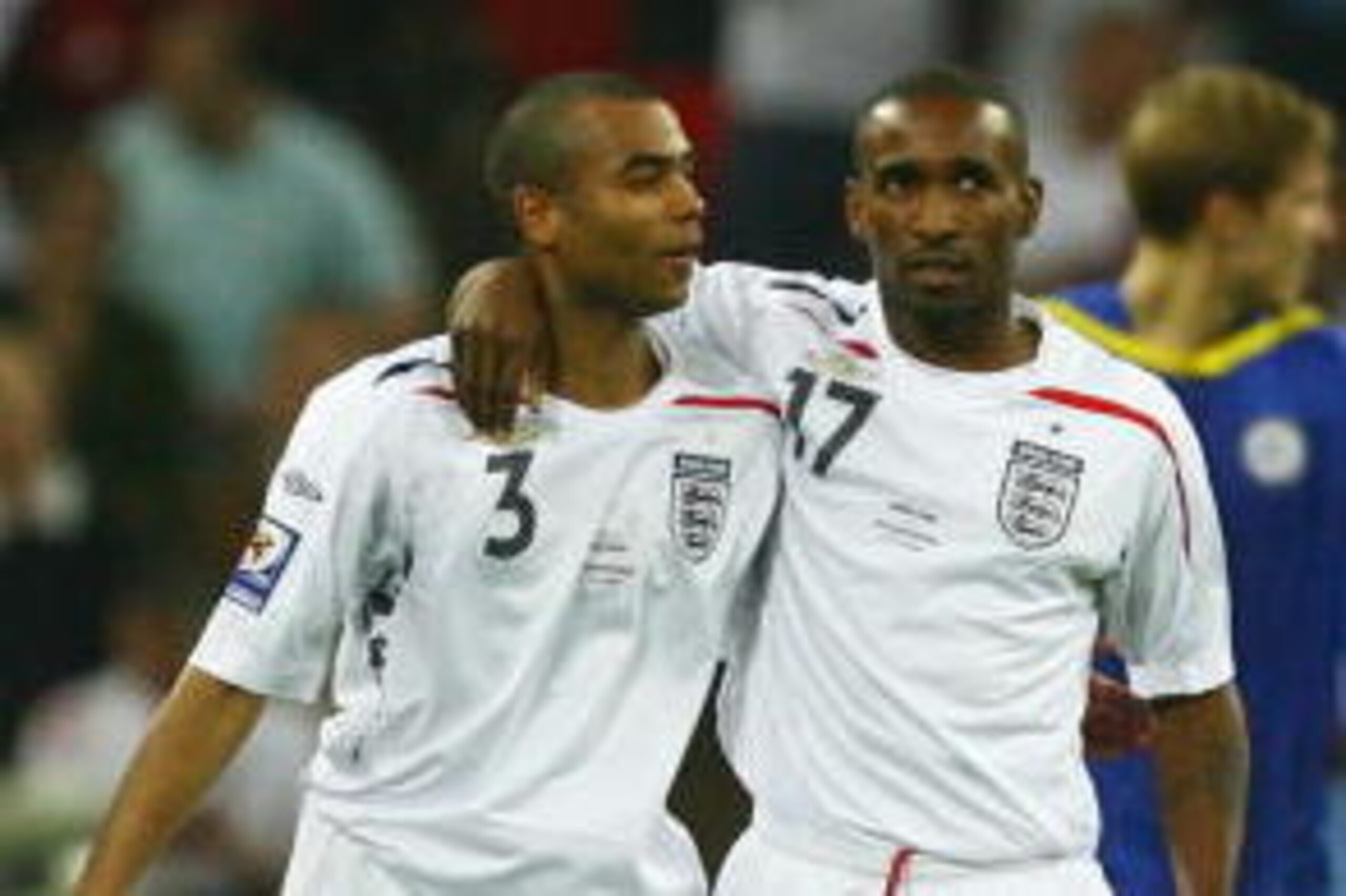 LONDON - OCTOBER 11:  Jermain Defoe of England (R) celebrates with Ashley Cole (C) as he scores their fifth goal during the 2010 World Cup qualifying match between England and Kazakhstan at Wembley Stadium on October 11, 2008 in London, England.  (Photo b