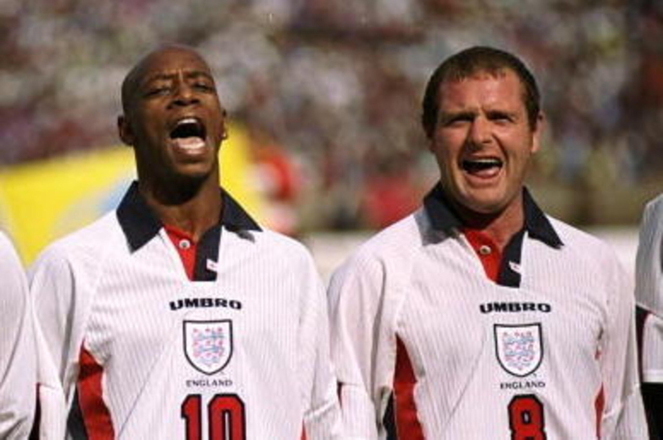 27 May 1998:  Captain, Paul Ince of England and Liverpool sings the National Anthem with fellow team-mates Ian Wright and Paul Gascogne during the match between Morocco v England in the King Hassan II Cup played in Casablanca, Morocco. England won the mat