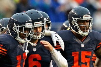 CHICAGO, IL - SEPTEMBER 15: (L-R) Alshon Jeffery #17, Jay Cutler #6 and Brandon Marshall #15 of the Chicago Bears watch as the extra point is kicked following the game-winning touchdown against the Minnesota Vikings at Soldier Field on September 15, 2013 