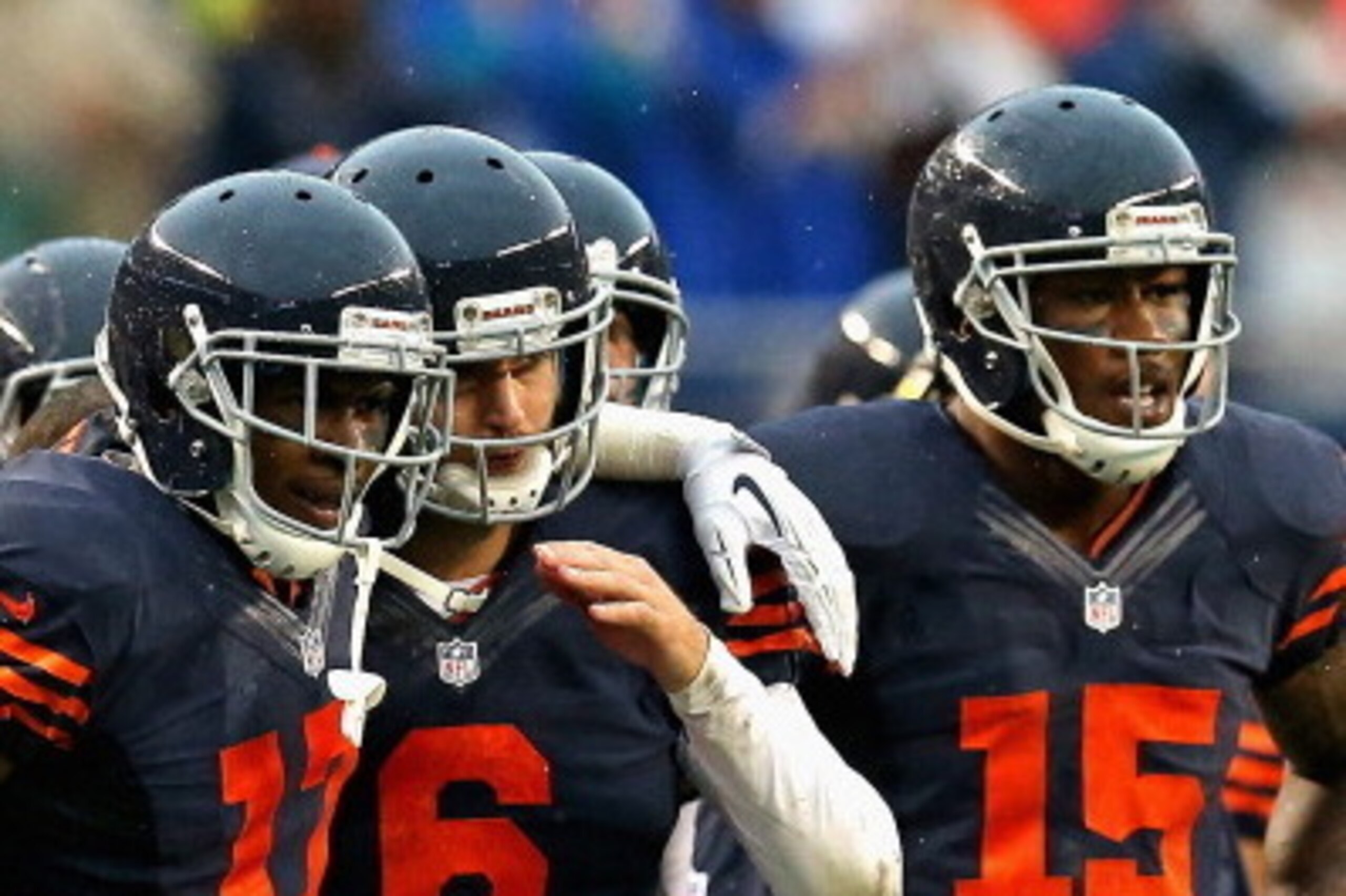 CHICAGO, IL - SEPTEMBER 15: (L-R) Alshon Jeffery #17, Jay Cutler #6 and Brandon Marshall #15 of the Chicago Bears watch as the extra point is kicked following the game-winning touchdown against the Minnesota Vikings at Soldier Field on September 15, 2013 