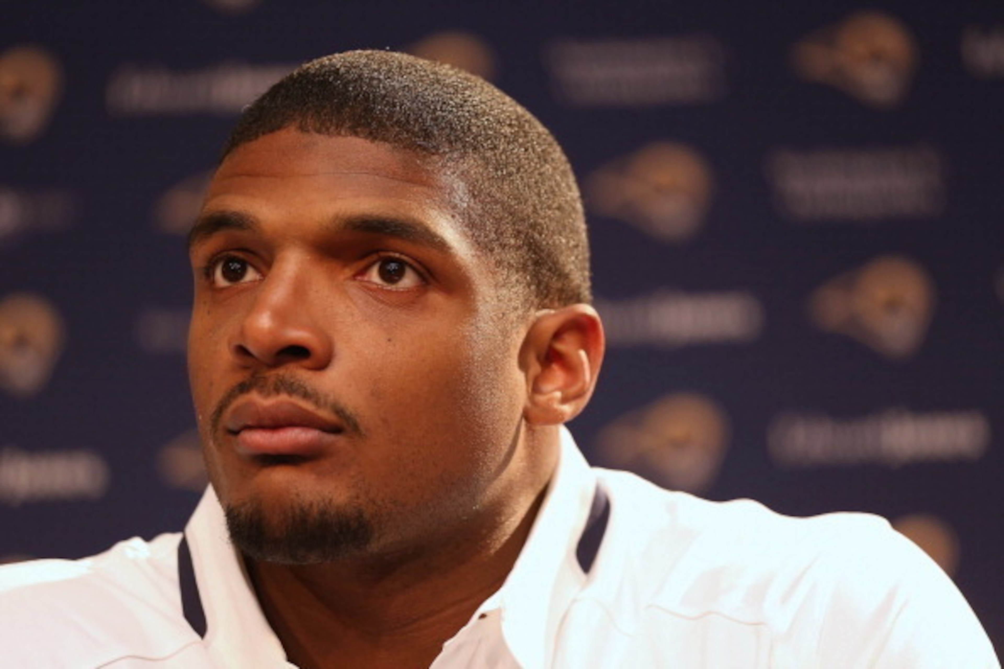 EARTH CITY, MO - MAY 13: St. Louis Rams draft pick Michael Sam addresses the media during a press conference at Rams Park on May 13, 2014 in Earth City, Missouri.  (Photo by Dilip Vishwanat/Getty Images)