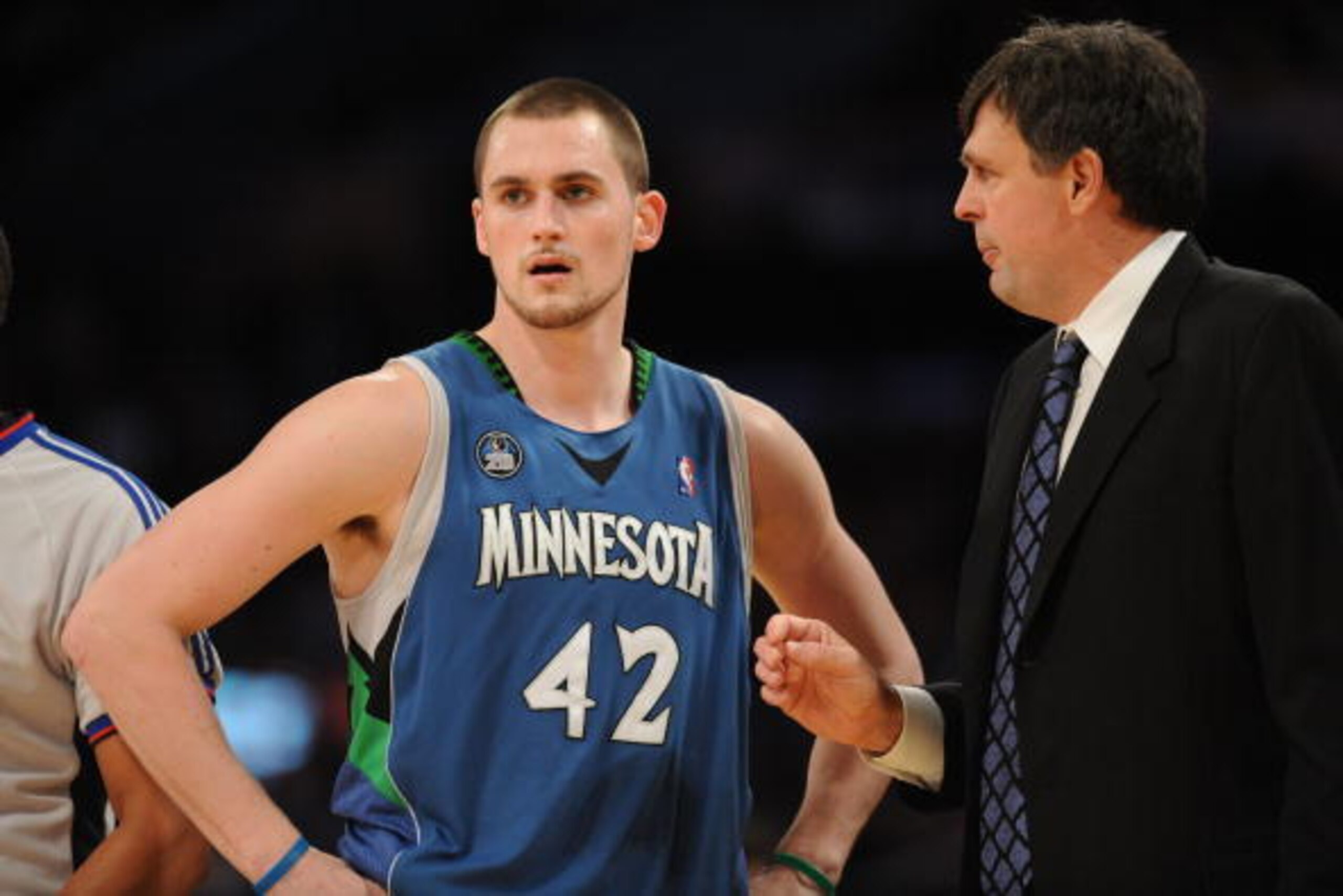 LOS ANGELES - DECEMBER 14:  Kevin Love #42 of the Minnesota Timberwolves is directed by Head Coach Kevin McHale during their game against the Los Angeles Lakers at Staples Center on December 14, 2008 in Los Angeles, California. NOTE TO USER: User expressl