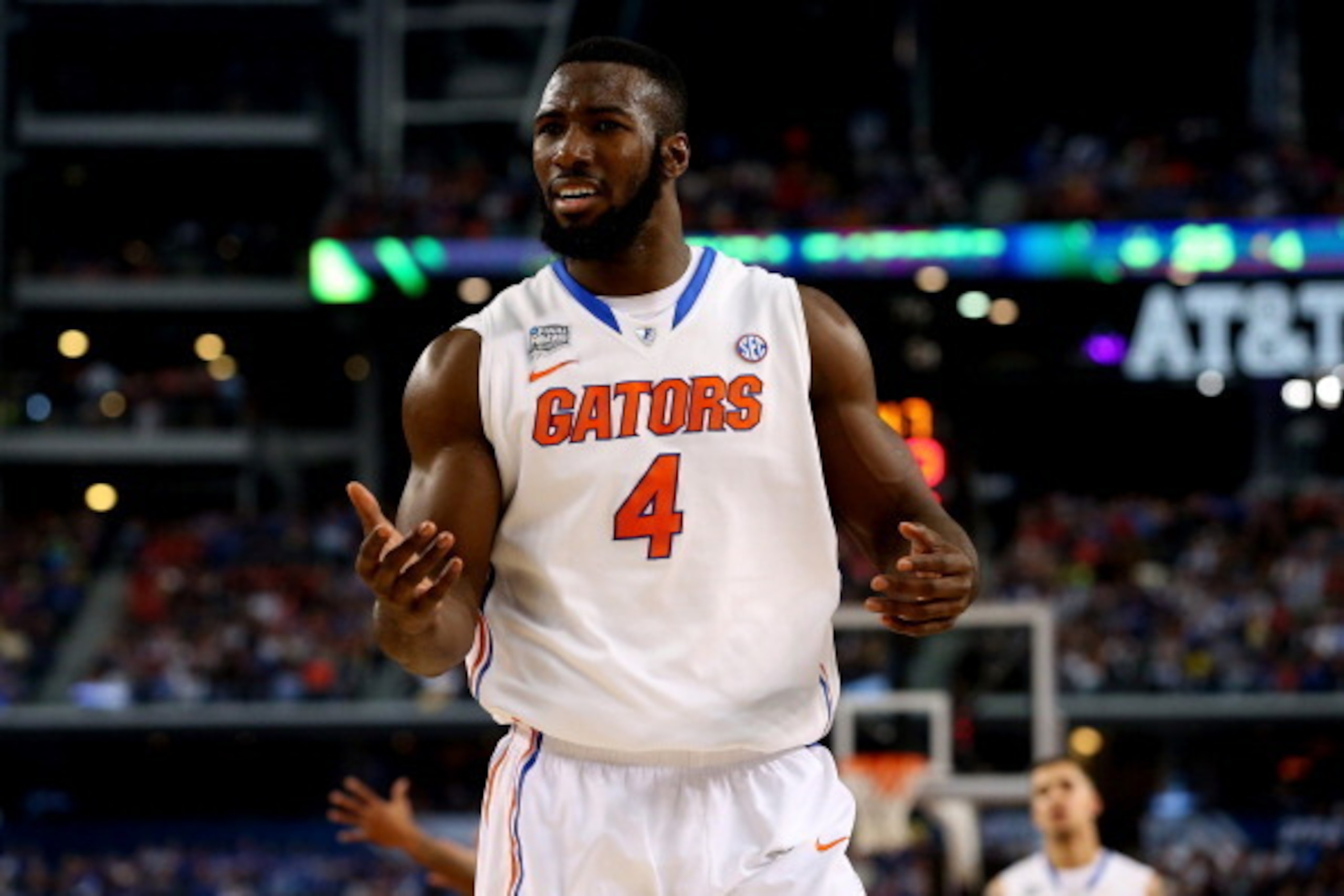 ARLINGTON, TX - APRIL 05:  Patric Young #4 of the Florida Gators reacts against the Connecticut Huskies during the NCAA Men's Final Four Semifinal at AT&T Stadium on April 5, 2014 in Arlington, Texas.  (Photo by Ronald Martinez/Getty Images)