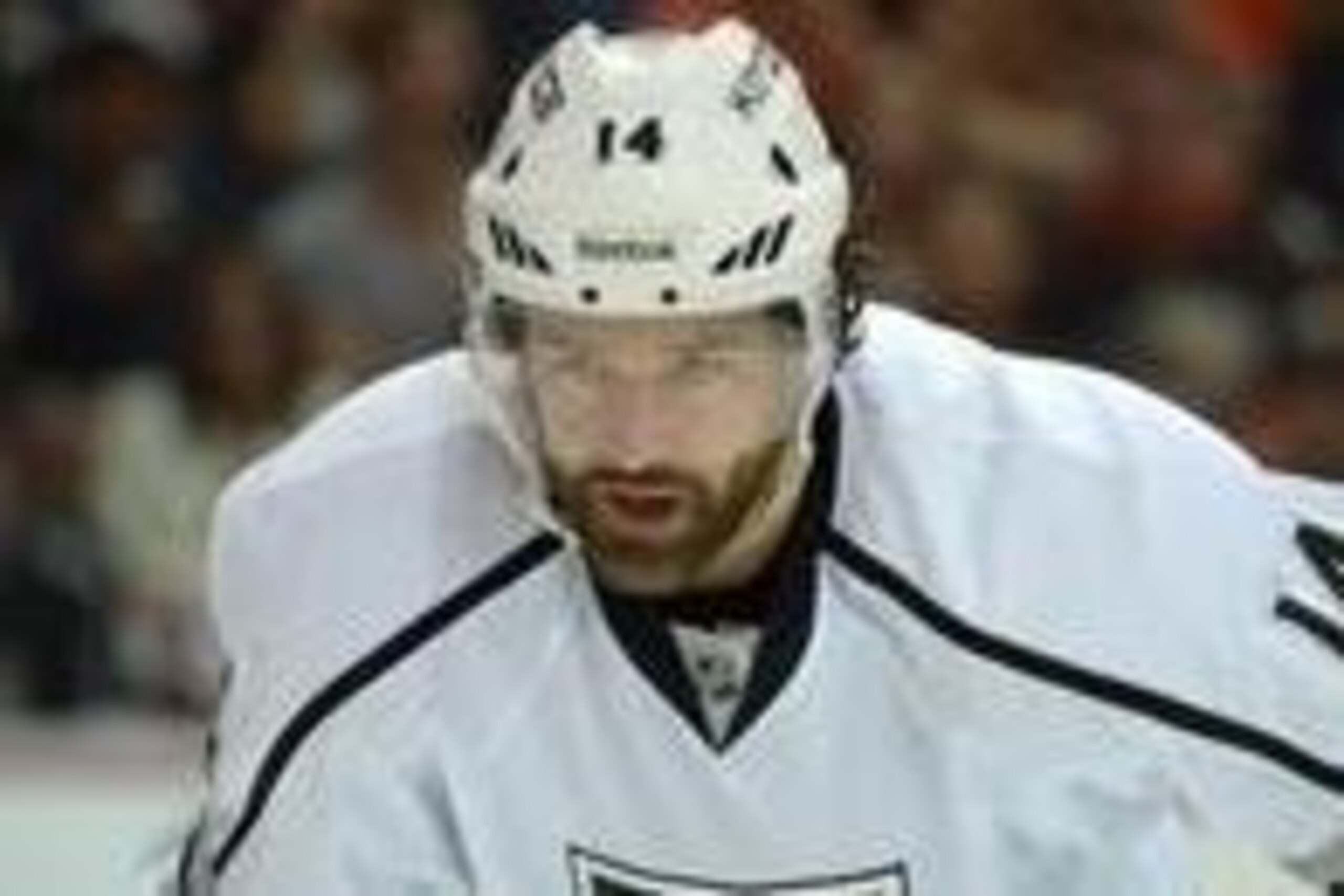 May 12, 2014; Anaheim, CA, USA; Los Angeles Kings right wing Justin Williams (14) during game five of the second round of the 2014 Stanley Cup Playoffs against the Anaheim Ducks at Honda Center. The Ducks defeated the Kings 4-3 to take a 3-2 series lead. 