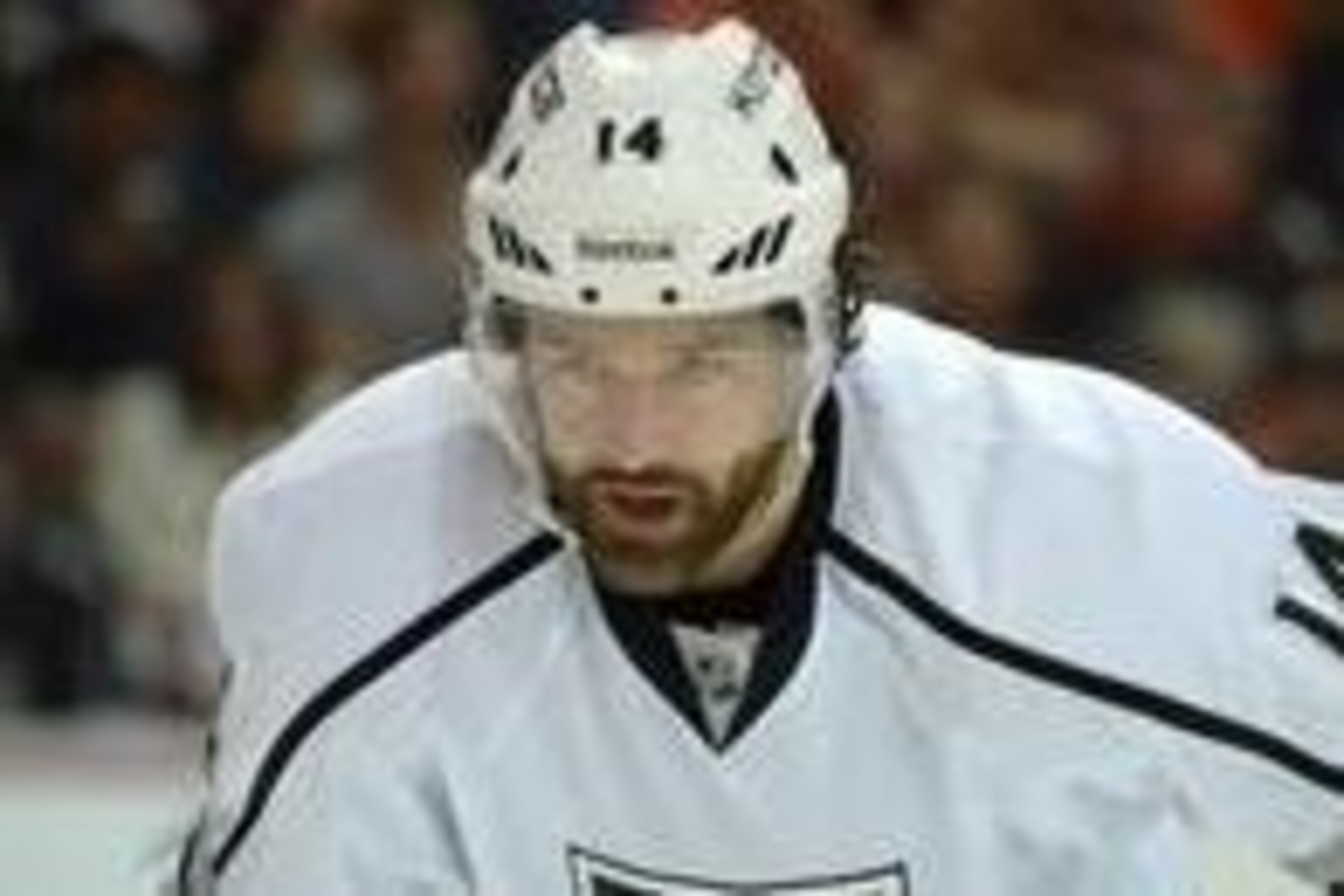 May 12, 2014; Anaheim, CA, USA; Los Angeles Kings right wing Justin Williams (14) during game five of the second round of the 2014 Stanley Cup Playoffs against the Anaheim Ducks at Honda Center. The Ducks defeated the Kings 4-3 to take a 3-2 series lead. 