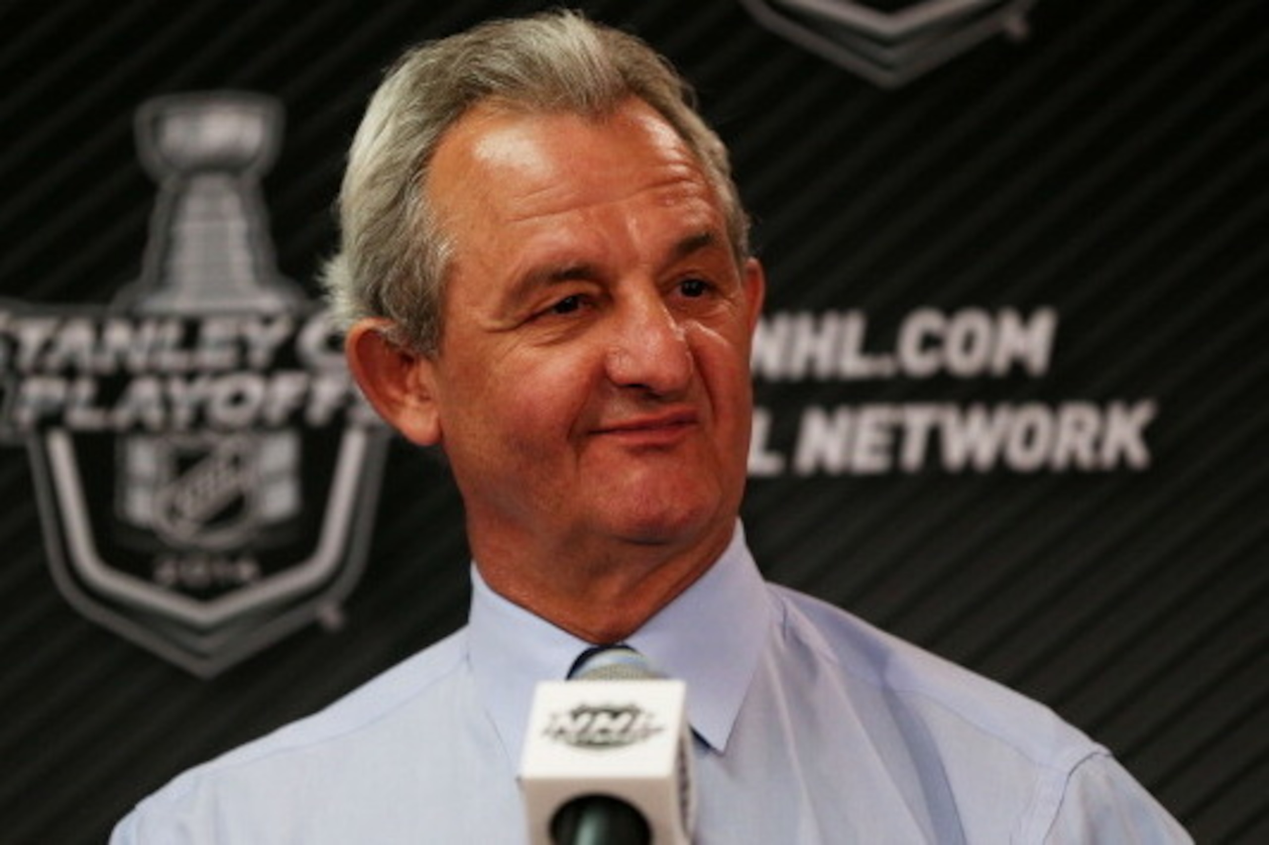 CHICAGO, IL - MAY 18:  Head coach Darryl Sutter of the Los Angeles Kings speaks to the media after their 3 to 1 loss to the Chicago Blackhawks in Game One of the Western Conference Final during the 2014 Stanley Cup Playoffs at United Center on May 18, 201