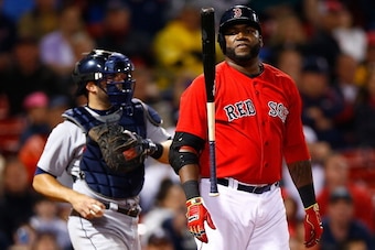 BOSTON, MA - MAY 16: David Ortiz #34 of the Boston Red Sox reacts after striking out in the 9th inning against the Detroit Tigers during the game at Fenway Park on May 16, 2014 in Boston, Massachusetts.  (Photo by Jared Wickerham/Getty Images)