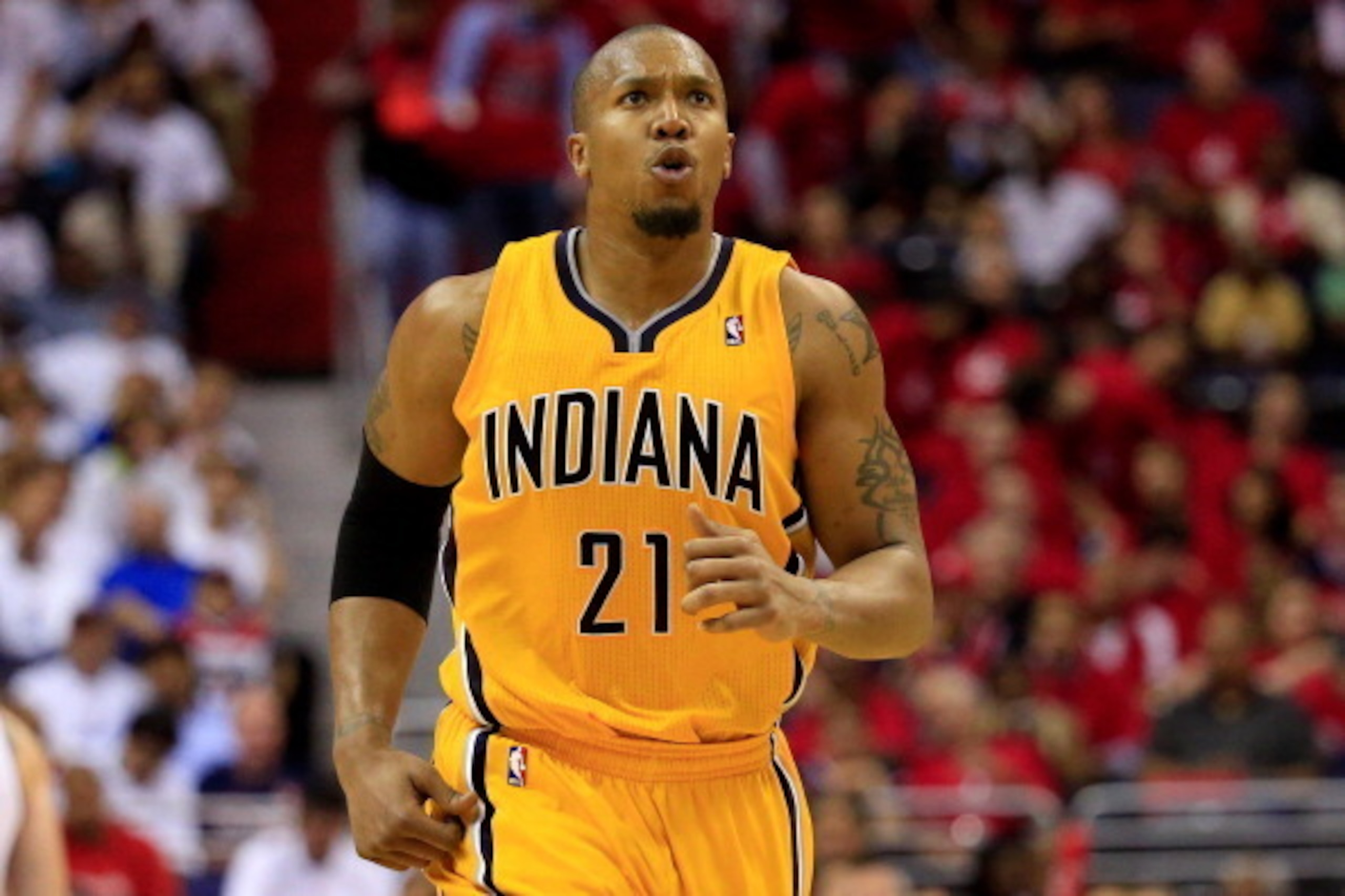 WASHINGTON, DC - MAY 15: David West #21 of the Indiana Pacers celebrates against the Washington Wizards during Game Six of the Eastern Conference Semifinals during the 2014 NBA Playoffs at Verizon Center on May 15, 2014 in Washington, DC. NOTE TO USER: U WASHINGTON, DC - MAY 15: David West #21 of the Indiana Pacers celebrates against the Washington Wizards during Game Six of the Eastern Conference Semifinals during the 2014 NBA Playoffs at Verizon Center on May 15, 2014 in Washington, DC. NOTE TO USER: U