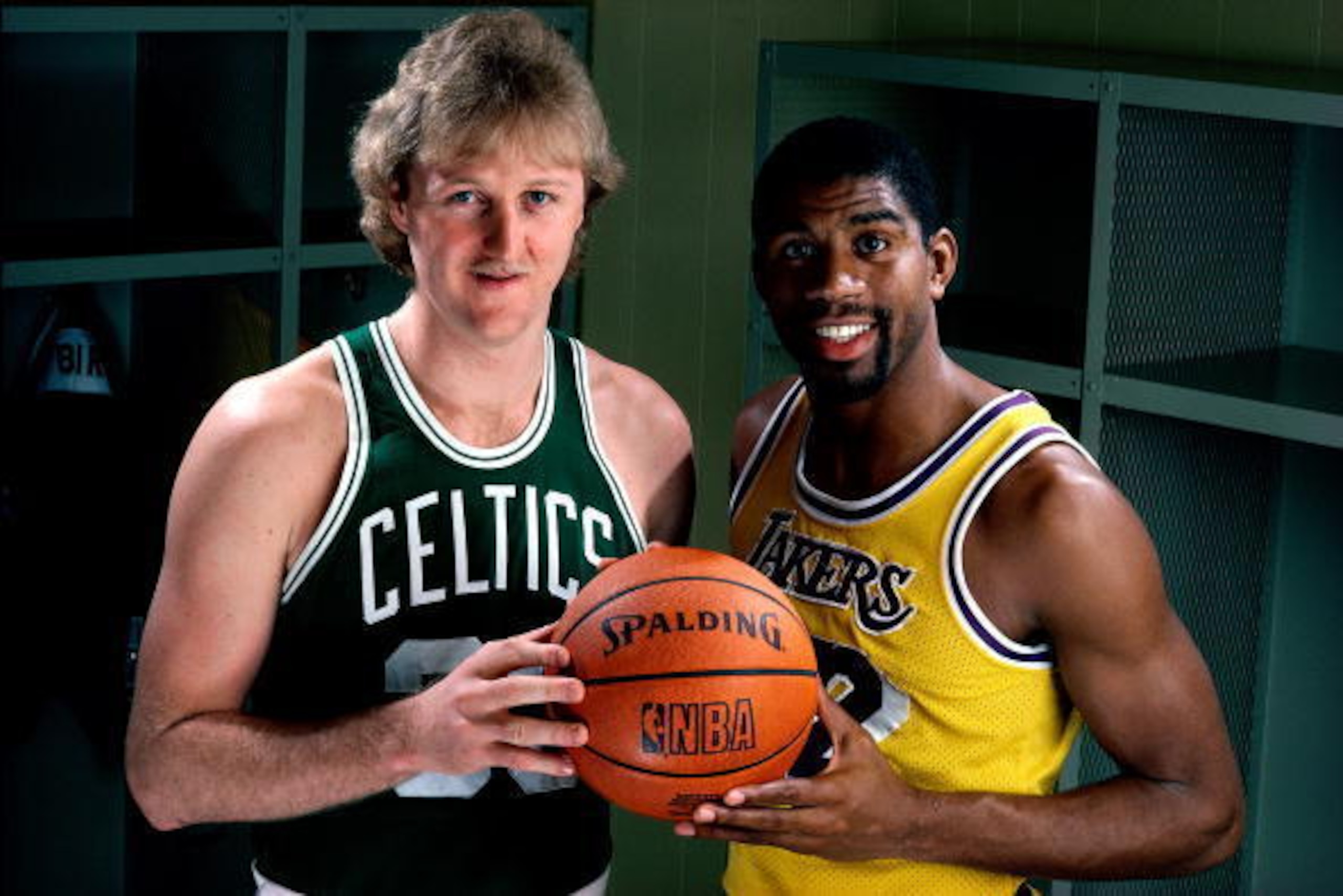 LOS ANGELES - JANUARY 1:  Larry Bird #33 of the Boston Celtics poses for a portrait with Magic Johnson of the Los Angeles Lakers at the Great Western Forum on  January 1, 1983 in Los Angeles, California. NOTE TO USER: User expressly acknowledges and agree
