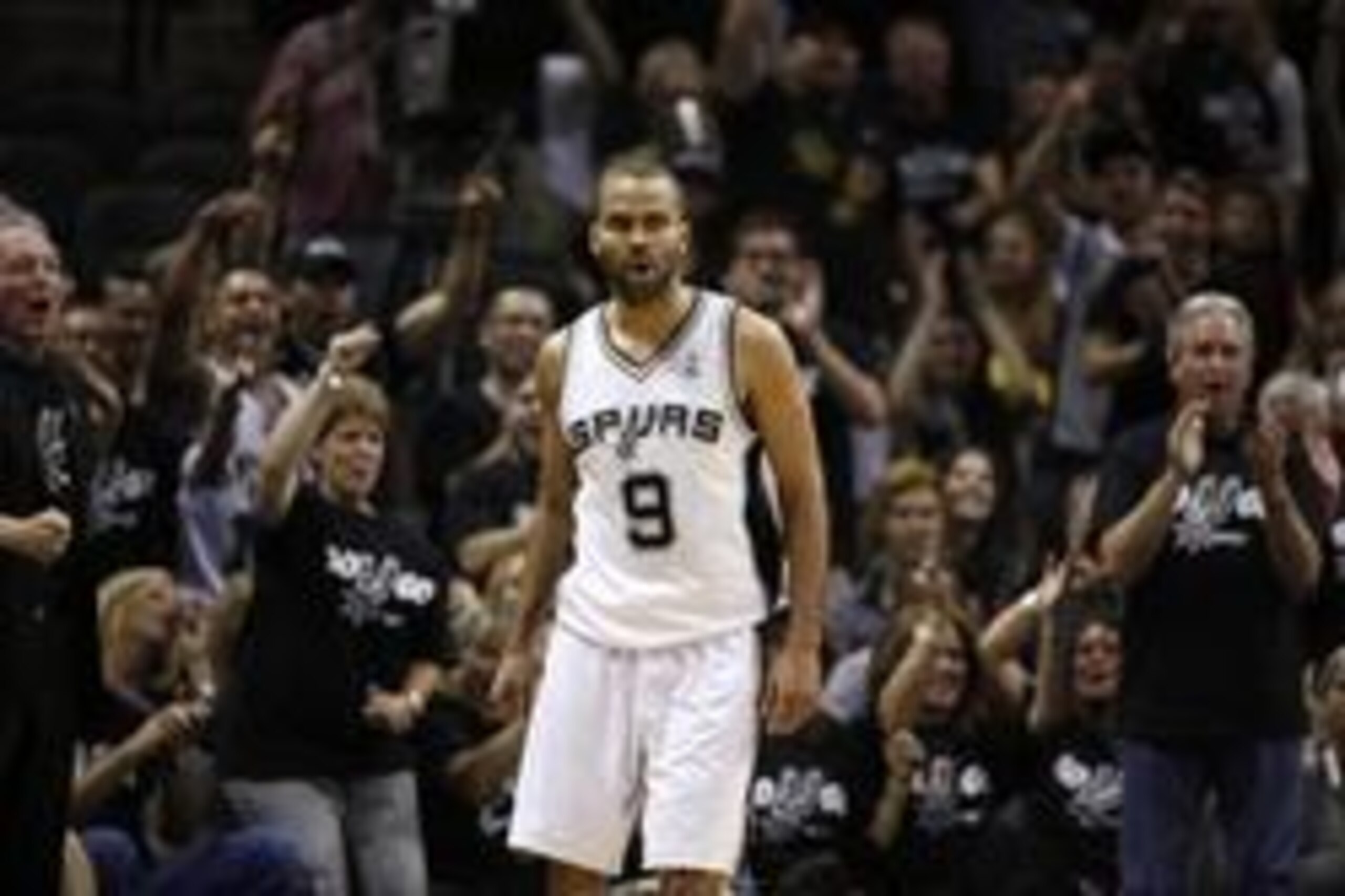 May 19, 2014; San Antonio, TX, USA; San Antonio Spurs guard Tony Parker (9) celebrates a basket and a foul against the Oklahoma City Thunder in game one of the Western Conference Finals in the 2014 NBA Playoffs at AT&T Center. Mandatory Credit: Soobum Im-