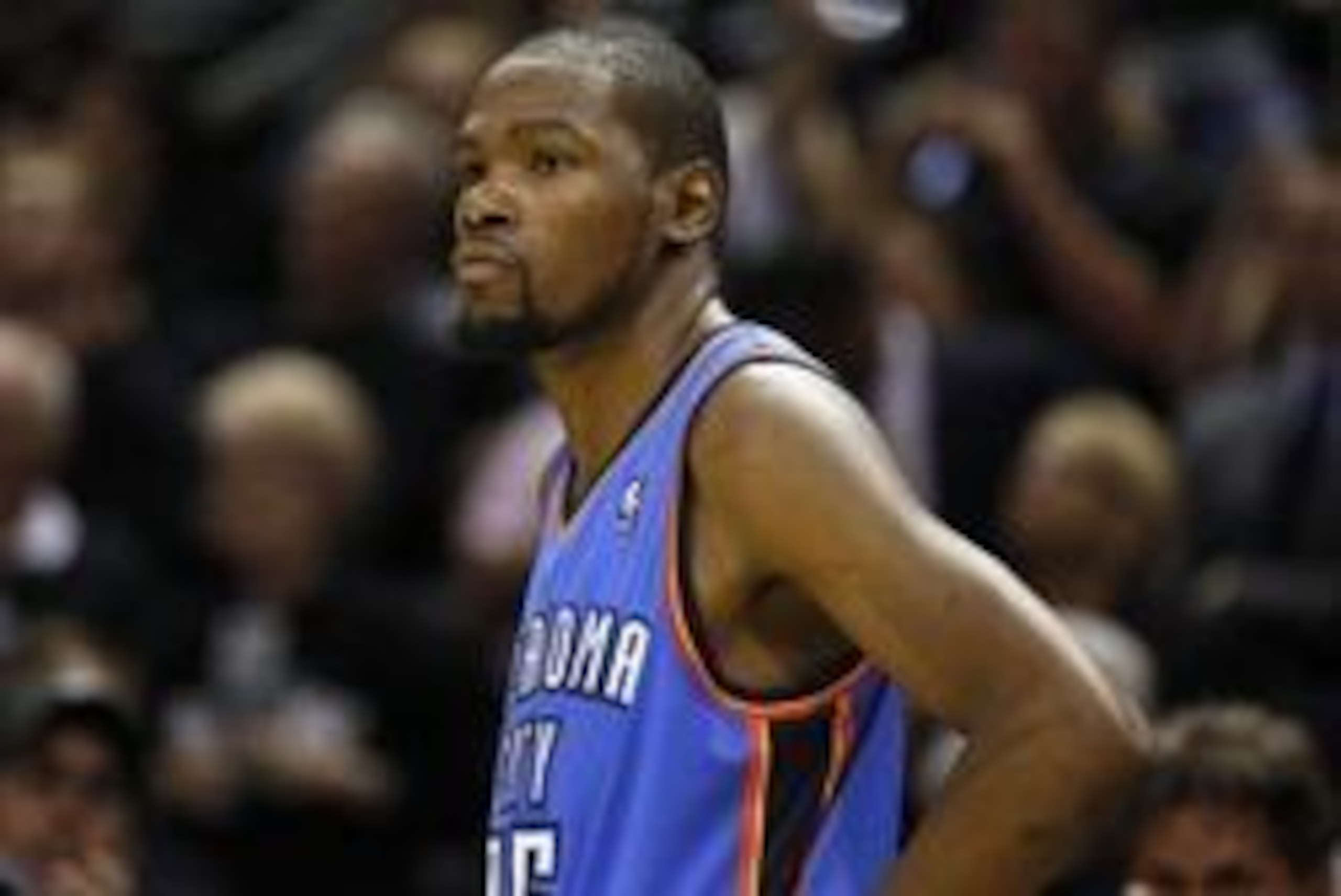 May 19, 2014; San Antonio, TX, USA; Oklahoma City Thunder forward Kevin Durant (35) reacts against the San Antonio Spurs in game one of the Western Conference Finals in the 2014 NBA Playoffs at AT&T Center. The Spurs won 122-105. Mandatory Credit: Soobum 