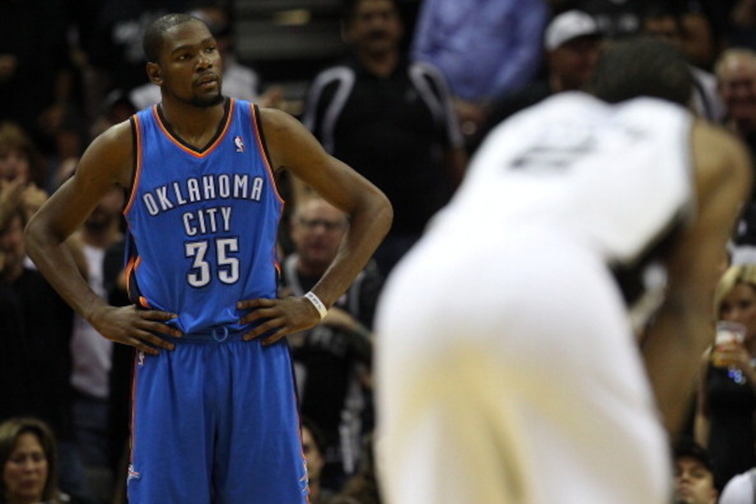 SAN ANTONIO, TX - MAY 19:  Kevin Durant #35 of the Oklahoma City Thunder reacts in the fourth quarter while taking on the San Antonio Spurs in Game One of the Western Conference Finals during the 2014 NBA Playoffs at AT&T Center on May 19, 2014 in San Ant