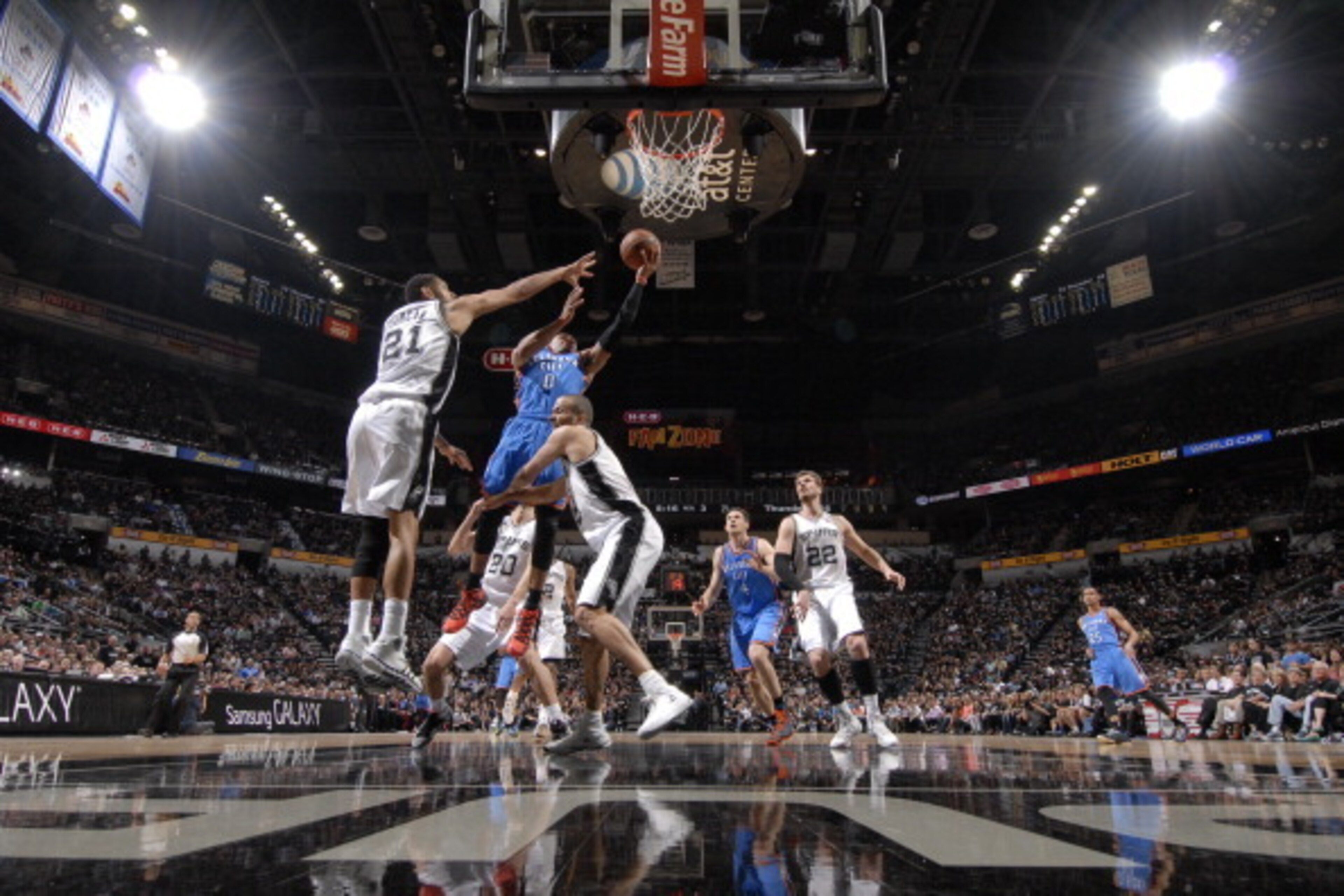 SAN ANTONIO, TX - MAY 19: Russell Westbrook #0 of the Oklahoma City Thunder shoots against the San Antonio Spurs in Game One of the Western Conference Finals during the 2014 NBA Playoffs on May 19, 2014 at the AT&T Center in San Antonio, Texas. NOTE TO US