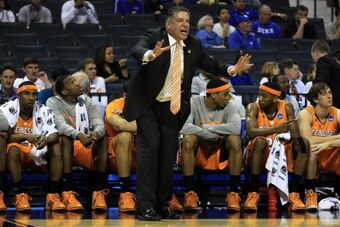 CHARLOTTE, NC - MARCH 18:  Head coach Bruce Pearl of the Tennessee Volunteers reacts in the first half while taking on the Michigan Wolverines during the second round of the 2011 NCAA men's basketball tournament at Time Warner Cable Arena on March 18, 201