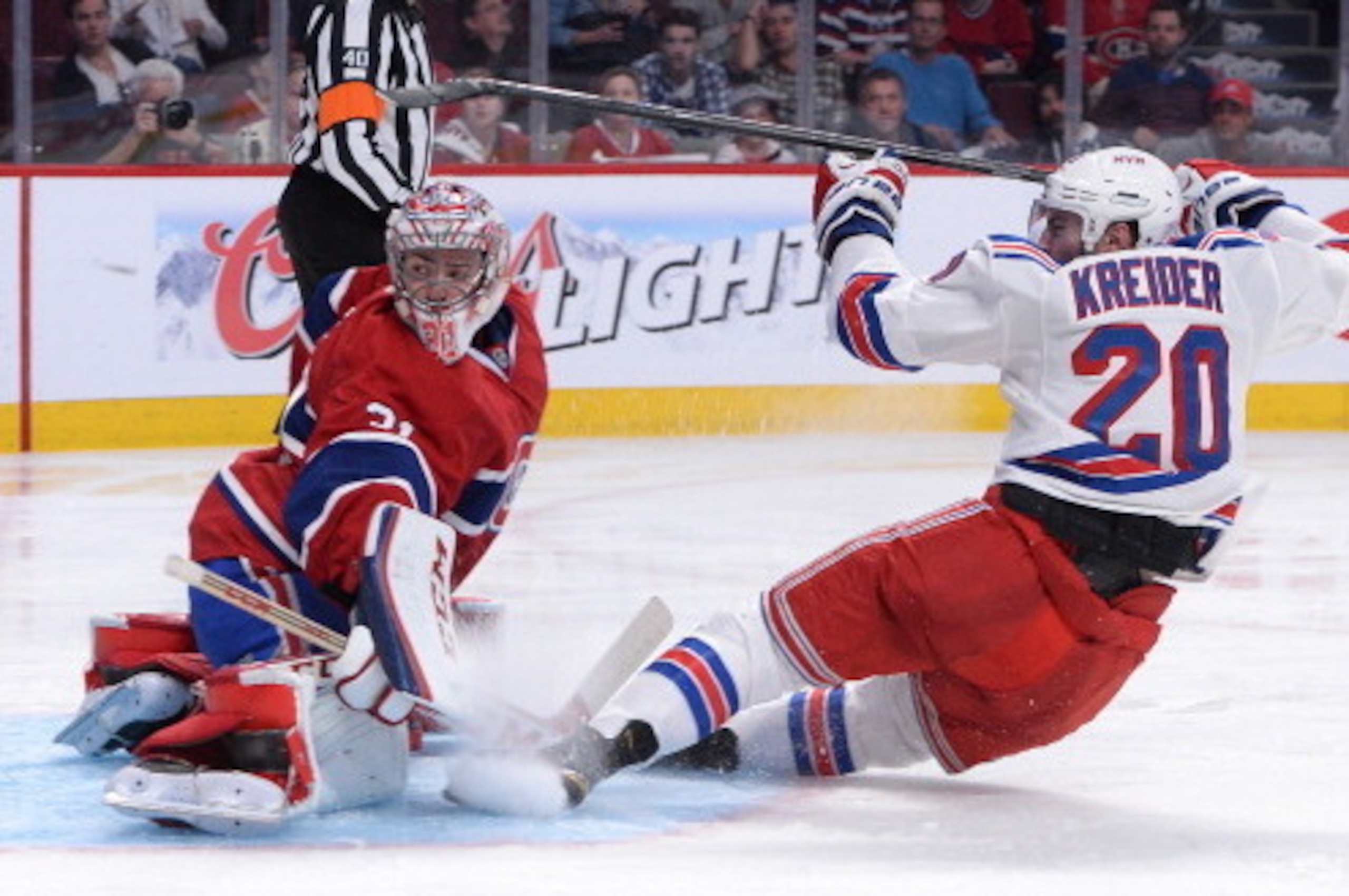 MONTREAL, QC - MAY 17: Carey Price #31 of the Montreal Canadiens defends the goal against Chris Kreider #20 of the New York Rangers in Game One of the Eastern Conference Final during the 2014 Stanley Cup Playoffs at the Bell Centre on May 17, 2014 in Mont