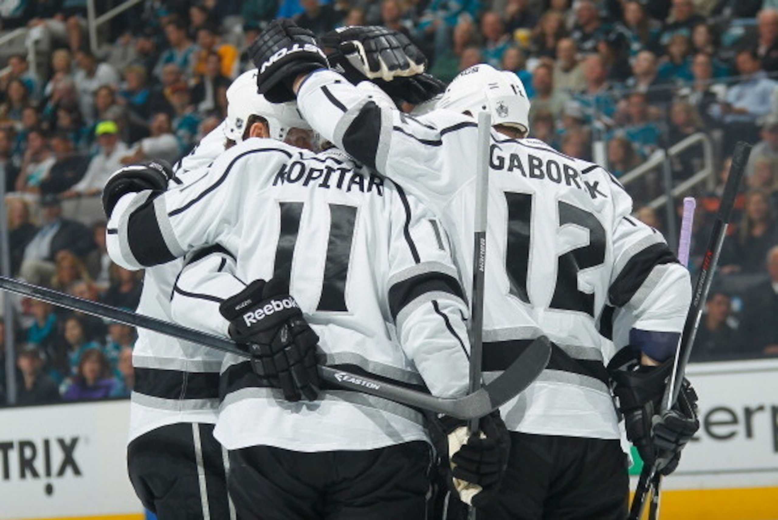 SAN JOSE, CA - APRIL 20: Anze Kopitar #11 and Marian Gaborik #12 of the Los Angeles Kings celebrate a goal against the San Jose Sharks in Game Two of the First Round of the 2014 Stanley Cup Playoffs at SAP Center on April 20, 2014 in San Jose, California. SAN JOSE, CA - APRIL 20: Anze Kopitar #11 and Marian Gaborik #12 of the Los Angeles Kings celebrate a goal against the San Jose Sharks in Game Two of the First Round of the 2014 Stanley Cup Playoffs at SAP Center on April 20, 2014 in San Jose, California.