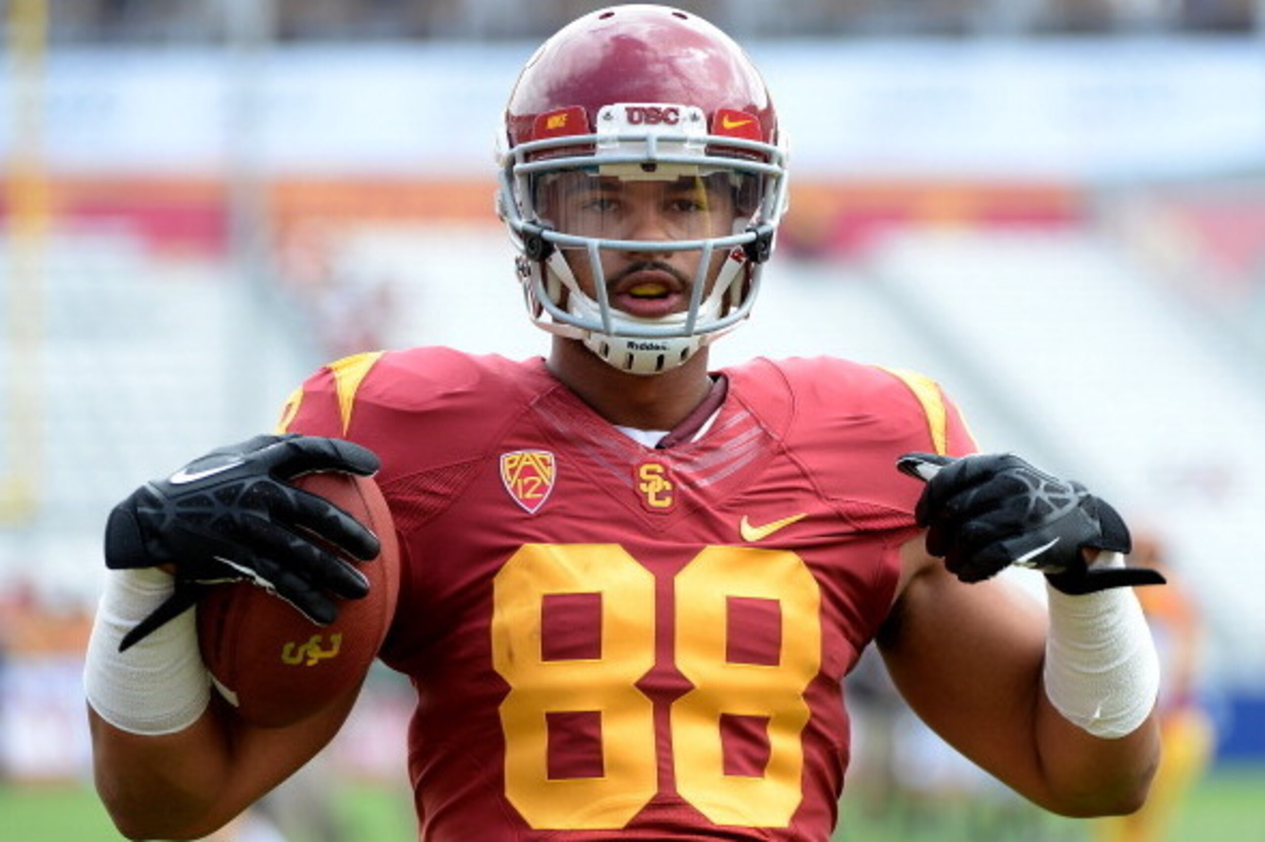 LOS ANGELES, CA - SEPTEMBER 21:  Jalen Cope-Fitzpatrick #88 of the USC Trojans warms up before the game against the Utah State Aggies at the Los Angeles Memorial Coliseum on September 21, 2013 in Los Angeles, California.  (Photo by Harry How/Getty Images)