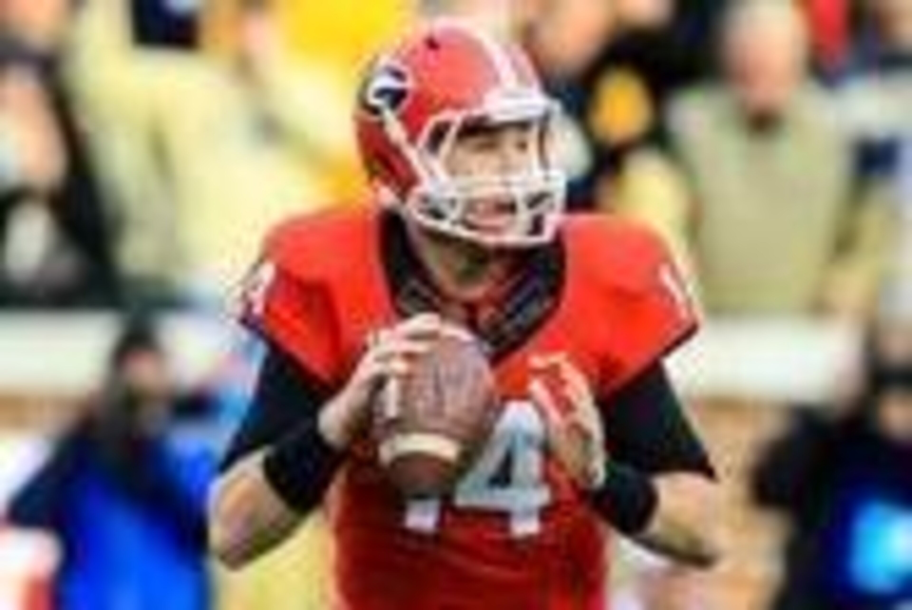 Nov 30, 2013; Atlanta, GA, USA; Georgia Bulldogs quarterback Hutson Mason (14) rolls out on a  pass play in the first half against the Georgia Tech Yellow Jackets at Bobby Dodd Stadium. Mandatory Credit: Daniel Shirey-USA TODAY Sports
