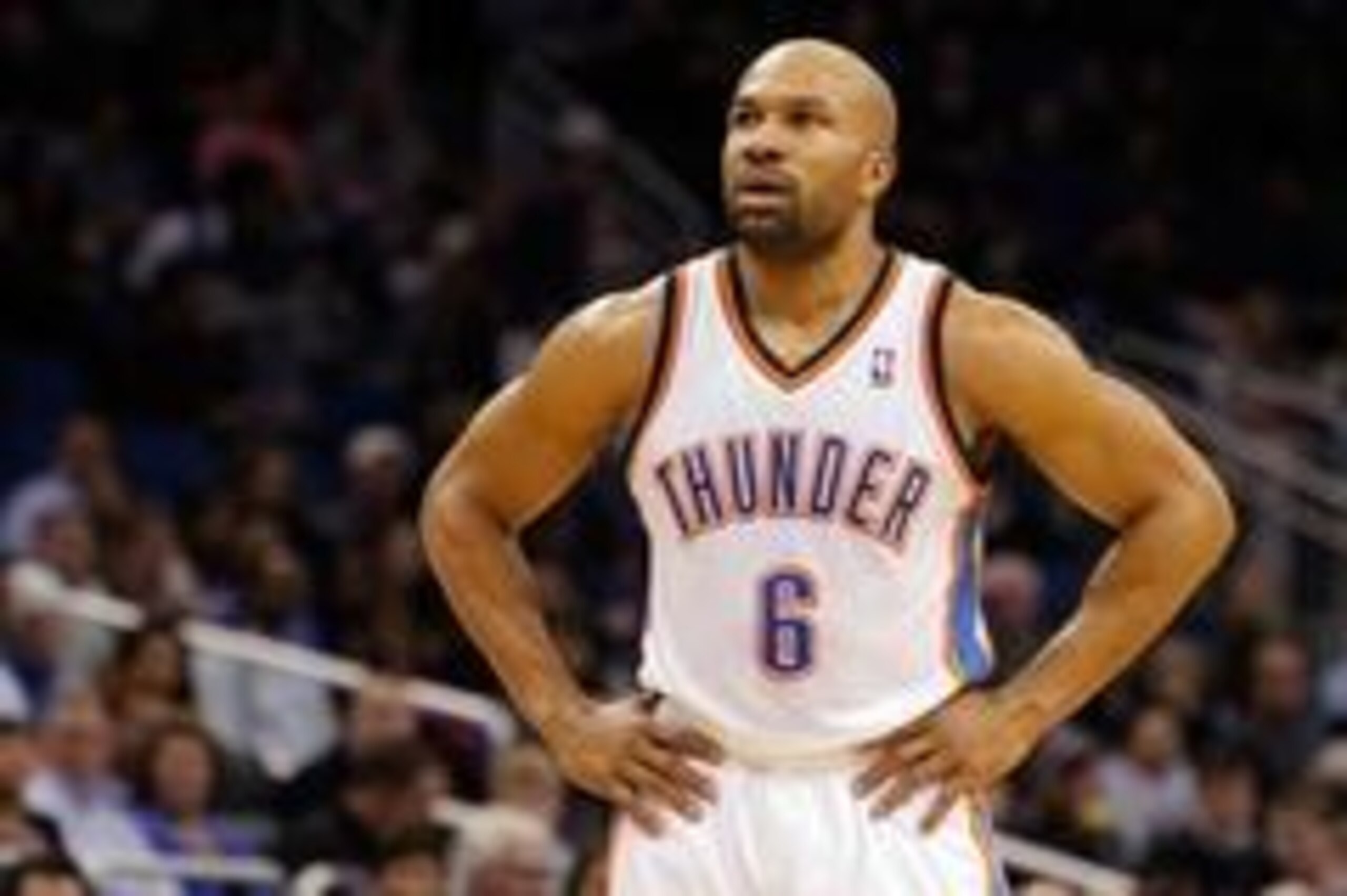 Feb 7, 2014; Orlando, FL, USA; Oklahoma City Thunder point guard Derek Fisher (6) against the Orlando Magic during the second half at Amway Center. Orlando Magic defeated the Oklahoma City Thunder 103-102. Mandatory Credit: Kim Klement-USA TODAY Sports Feb 7, 2014; Orlando, FL, USA; Oklahoma City Thunder point guard Derek Fisher (6) against the Orlando Magic during the second half at Amway Center. Orlando Magic defeated the Oklahoma City Thunder 103-102. Mandatory Credit: Kim Klement-USA TODAY Sports