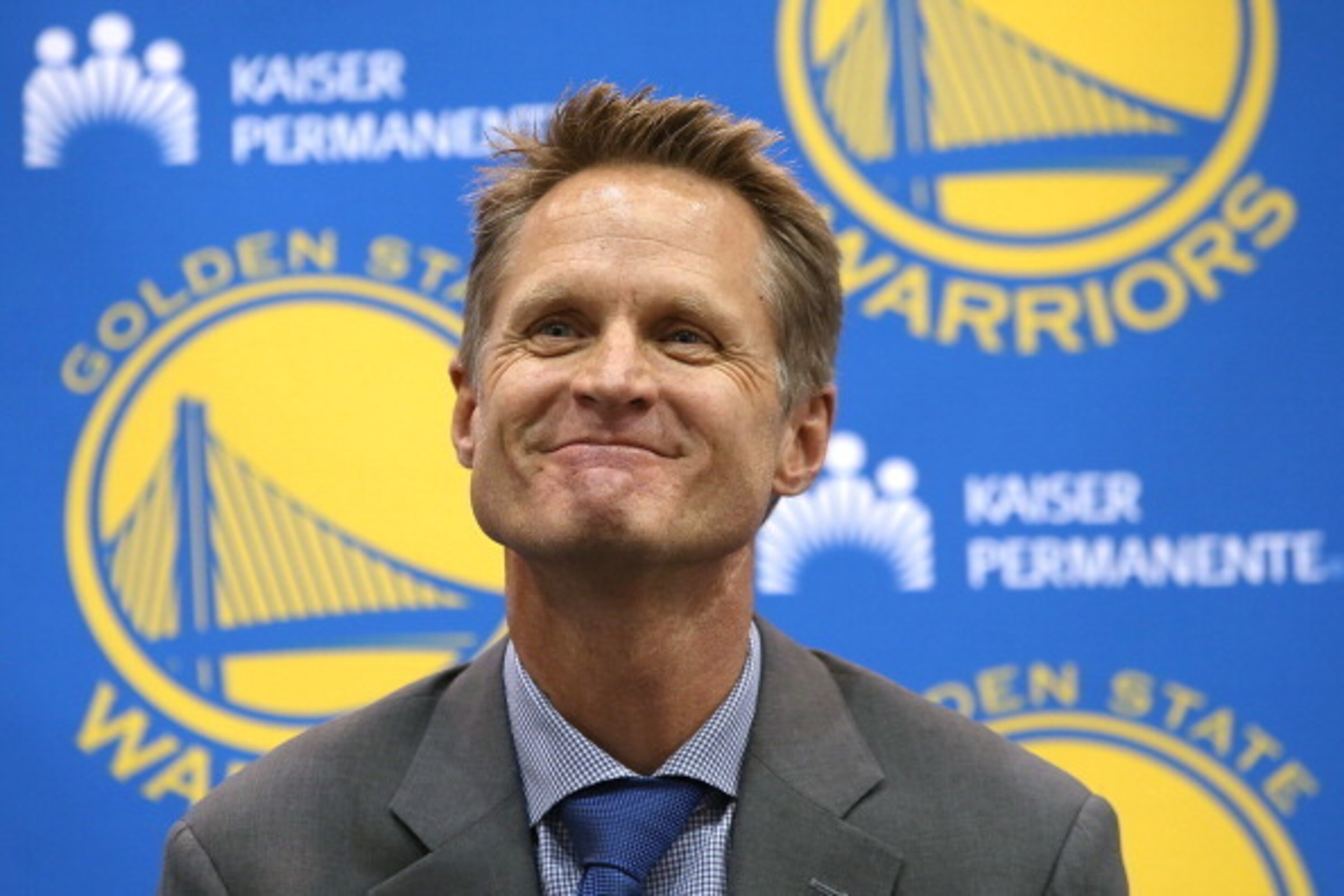OAKLAND, CA - MAY 20:  Golden State Warriors new head coach Steve Kerr looks on during a news conference at the Warriors headquarters on May 20, 2014 in Oakland, California. The Golden State Warriors announced NBA veteran Steve Kerr will be their new head