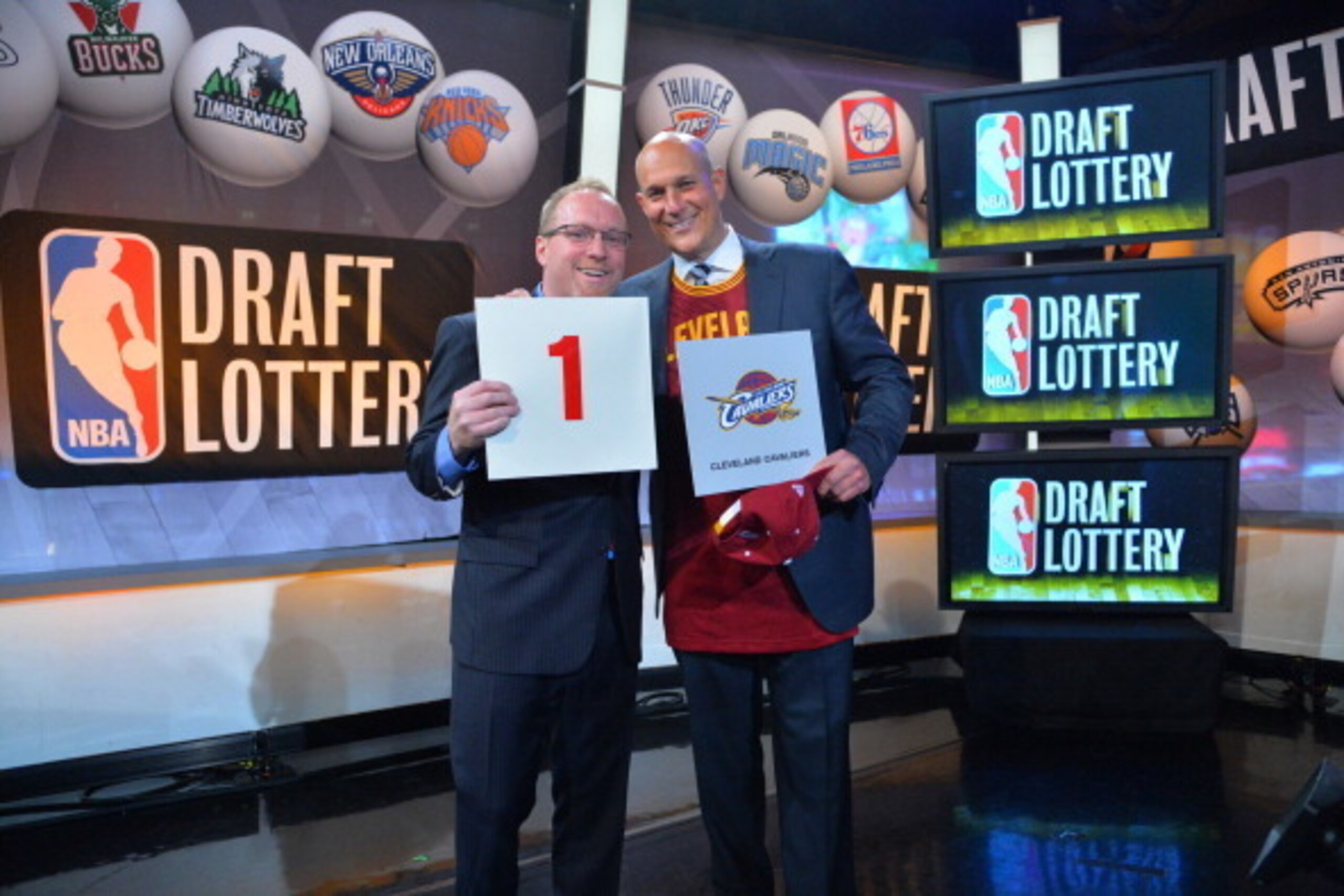 NEW YORK - MAY 20: General Manager David Griffin and Jeff Cohen, Chairman of the Cleveland Cavaliers celebrates winning the 2013 NBA Draft Lottery on May 20, 2014 at the ABC News' 'Good Morning America' Times Square Studio in New York City.  NOTE TO USER: