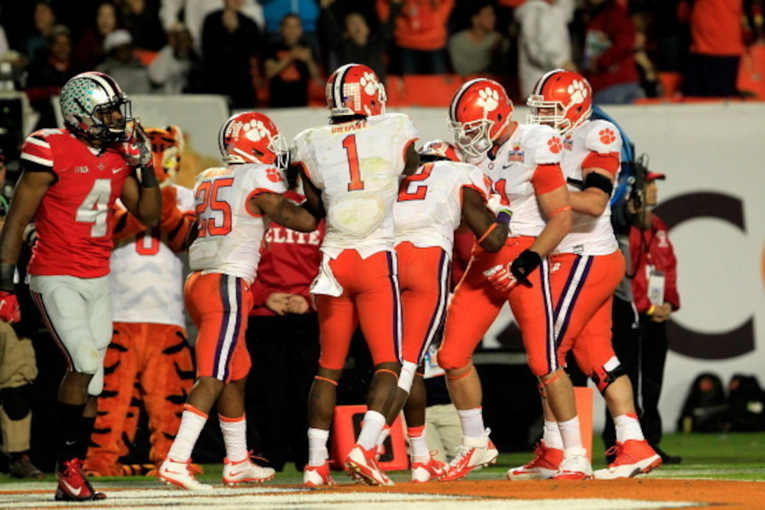 MIAMI GARDENS, FL - JANUARY 03:  Sammy Watkins #2 of the Clemson Tigers celebrates with teammates after a touchdown in the third quarter against the Ohio State Buckeyes during the Discover Orange Bowl at Sun Life Stadium on January 3, 2014 in Miami Garden