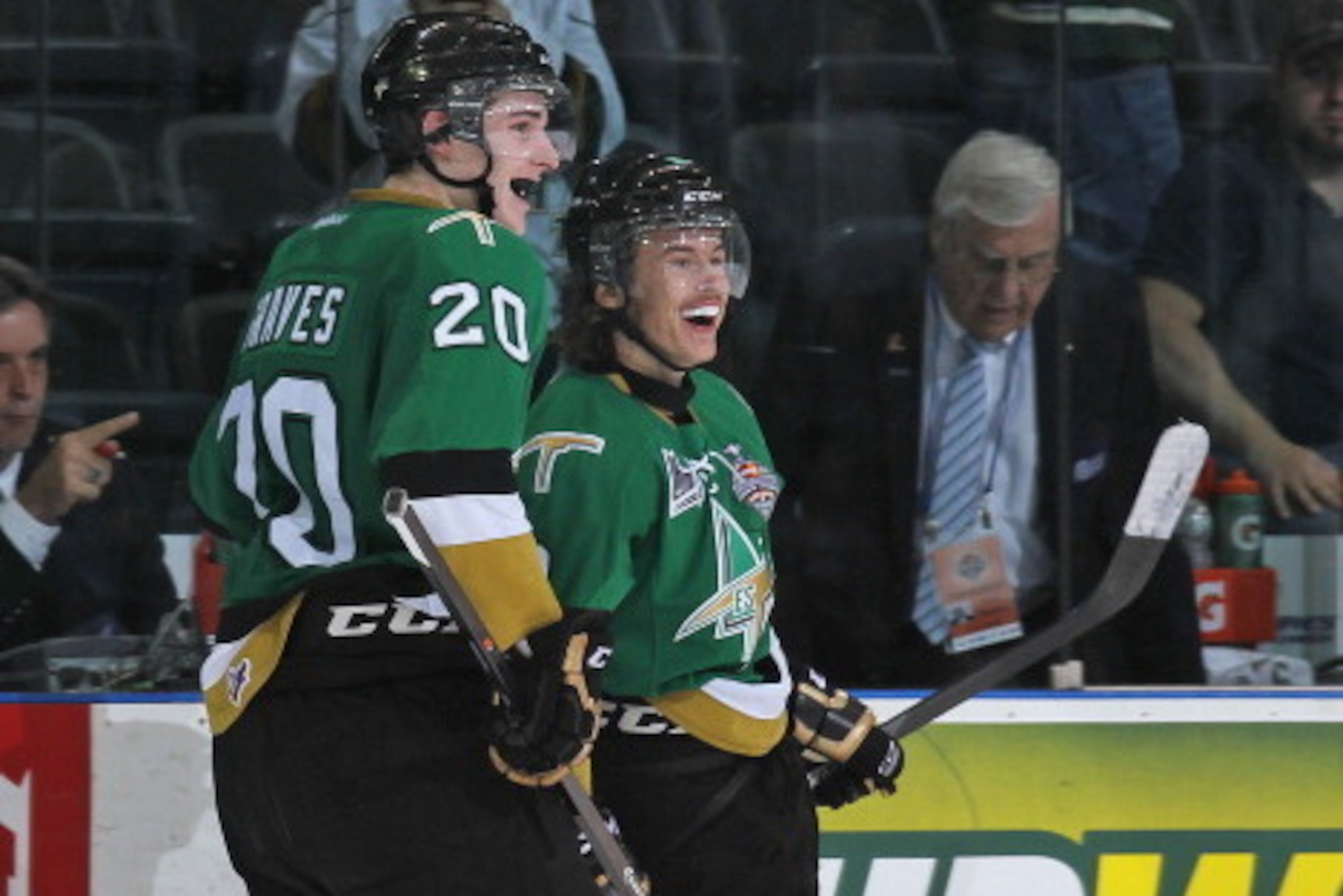 LONDON, ON - MAY 20:  Anthony Richard #9 of the Val'Dor Foreurs celebrates his double overtime winning goal with teammate Ryan Graves #20 against the Edmonton Oil Kings during Game Five of the 2014 MasterCard Memorial Cup at Budweiser Gardens on May 20, 2