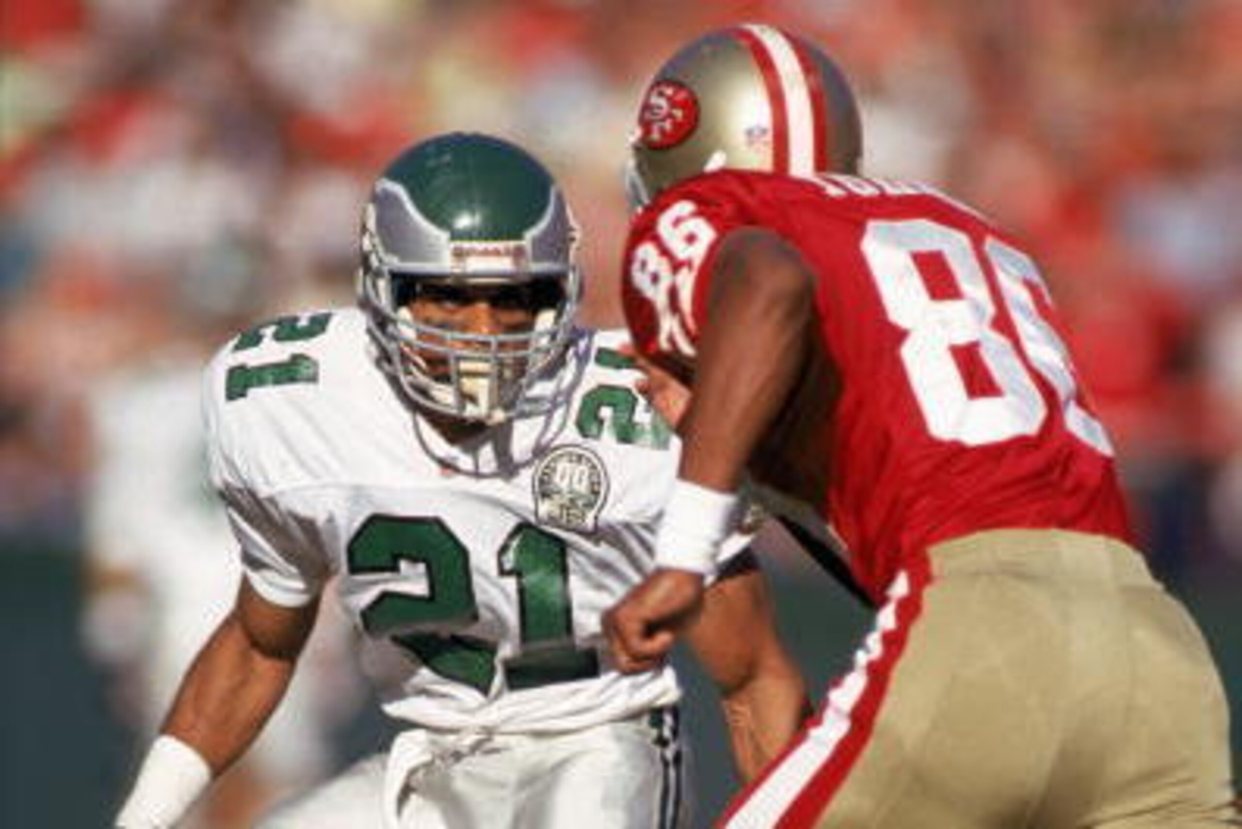 SAN FRANCISCO Ð NOVEMBER 29: Linebacker Eric Allen #21 of the Philadelphia Eagles moves against the San Francisco 49ers offense during a NFL game on November 29, 1992 at Candlestick Park in San Francisco, California.  The 49ers defeated the Dolphins 20-14
