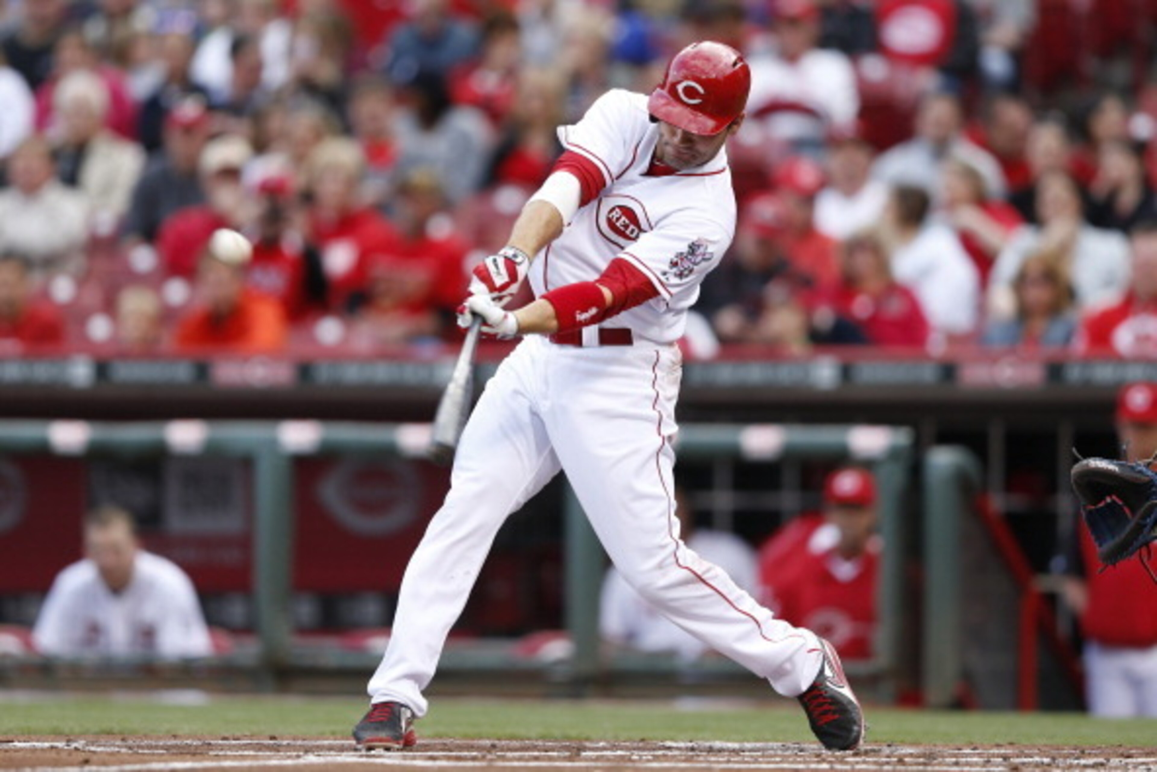 CINCINNATI, OH - APRIL 30: Joey Votto #19 of the Cincinnati Reds doubles off the left field wall in the first inning of the game against the Chicago Cubs at Great American Ball Park on April 30, 2014 in Cincinnati, Ohio. (Photo by Joe Robbins/Getty Images CINCINNATI, OH - APRIL 30: Joey Votto #19 of the Cincinnati Reds doubles off the left field wall in the first inning of the game against the Chicago Cubs at Great American Ball Park on April 30, 2014 in Cincinnati, Ohio. (Photo by Joe Robbins/Getty Images