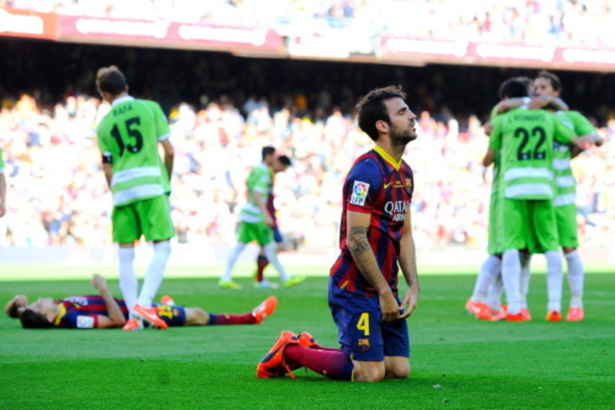 BARCELONA, SPAIN - MAY 03:  Cesc Fabregas of FC Barcelona shows his dejection during the La Liga match between FC Barcelona and Getafe CF at Nou Camp on May 3, 2014 in Barcelona, Spain.  (Photo by David Ramos/Getty Images)