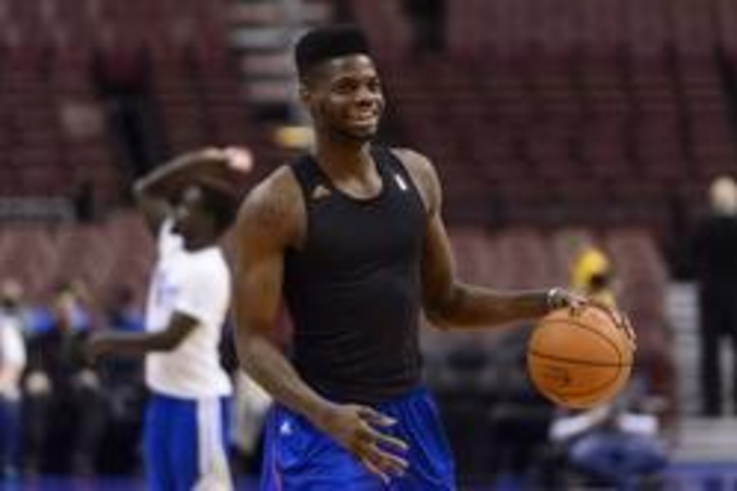 Feb 18, 2014; Philadelphia, PA, USA; Philadelphia 76ers center Nerlens Noel (4) during warmups prior to the game against the Cleveland Cavaliers at the Wells Fargo Center. Mandatory Credit: Howard Smith-USA TODAY Sports Feb 18, 2014; Philadelphia, PA, USA; Philadelphia 76ers center Nerlens Noel (4) during warmups prior to the game against the Cleveland Cavaliers at the Wells Fargo Center. Mandatory Credit: Howard Smith-USA TODAY Sports