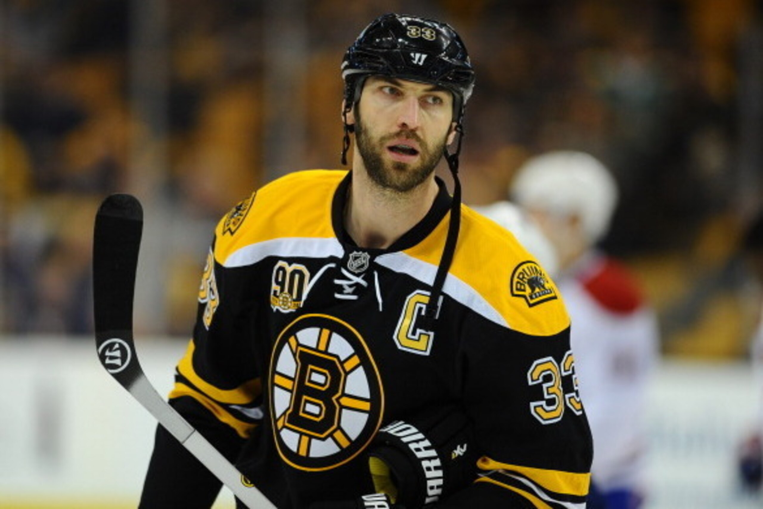 BOSTON, MA - MAY 10: Zdeno Chara #33 of the Boston Bruins during warm ups before the game against the Montreal Canadiens in Game Five of the Second Round of the 2014 Stanley Cup Playoffs at TD Garden on May 10, 2014 in Boston, Massachusetts. (Photo by Bri