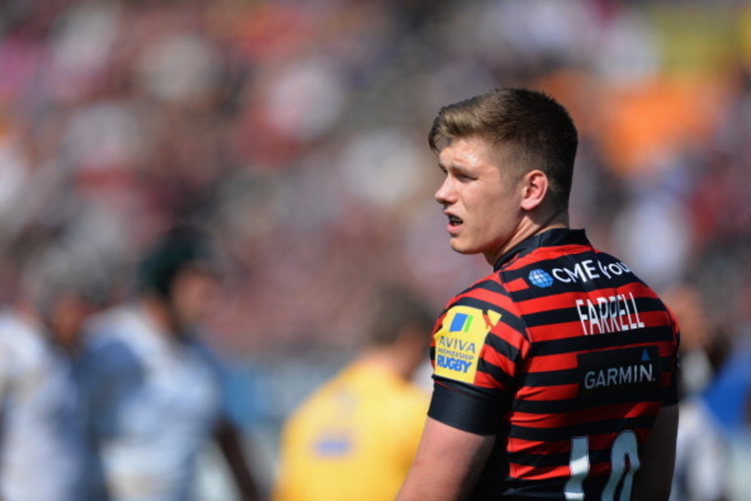 BARNET, ENGLAND - MAY 03:  Owen Farrell of Saracens in action during the Aviva Premiership match between Saracens and Worcester Warriors at Allianz Park on May 3, 2014 in Barnet, England.  (Photo by Christopher Lee/Getty Images)