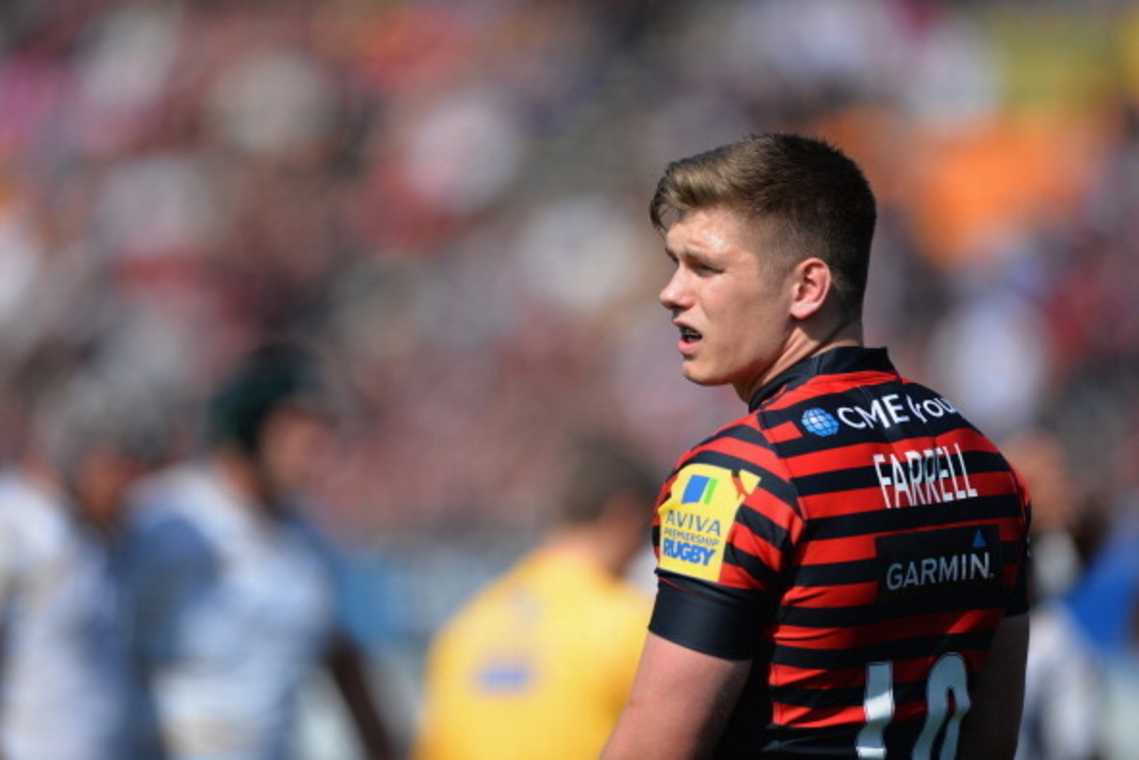 BARNET, ENGLAND - MAY 03:  Owen Farrell of Saracens in action during the Aviva Premiership match between Saracens and Worcester Warriors at Allianz Park on May 3, 2014 in Barnet, England.  (Photo by Christopher Lee/Getty Images)